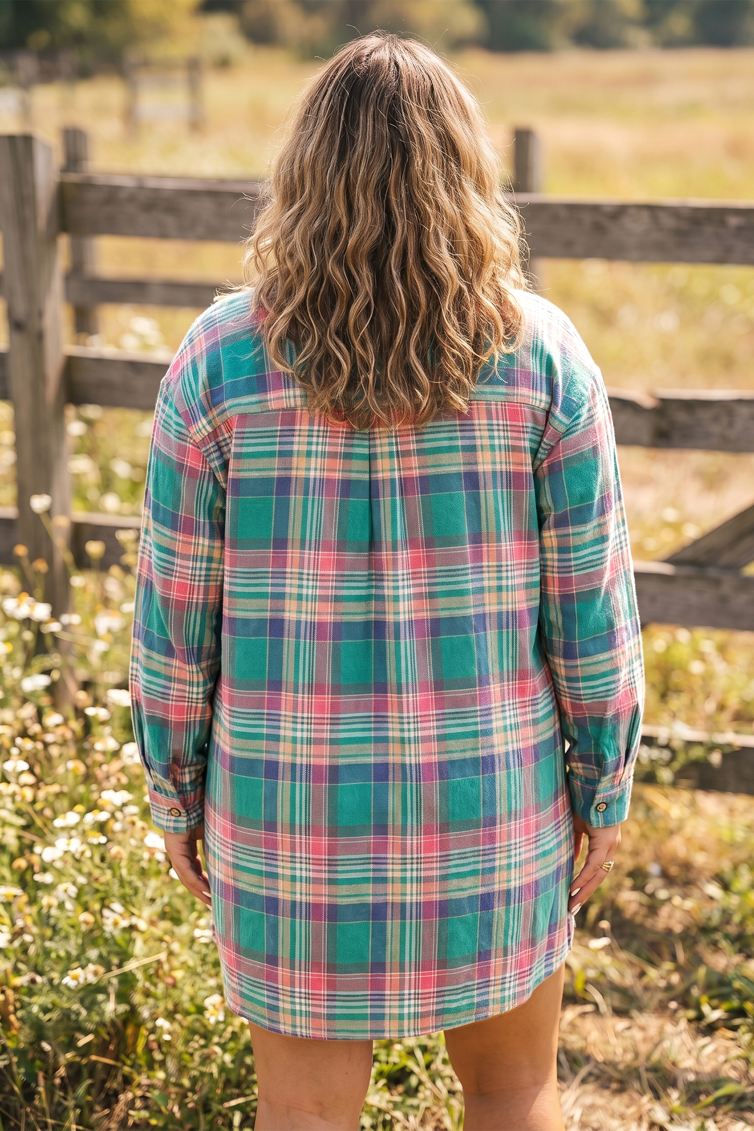Green Plaid Shirt Dress, Versatile Cotton V Neck Daily Wear - Detail View 2