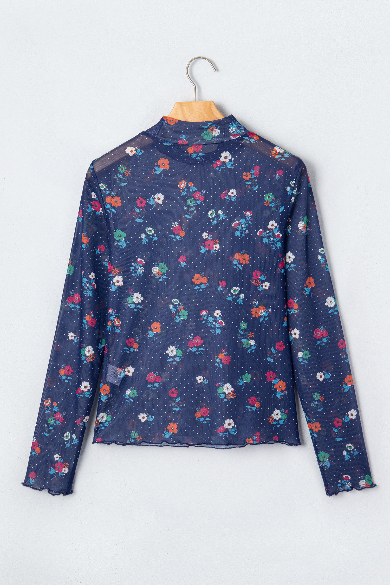Sheer Polka Dot Floral Pullover, Sexy High Neck Mesh Shirt - Detail View 5