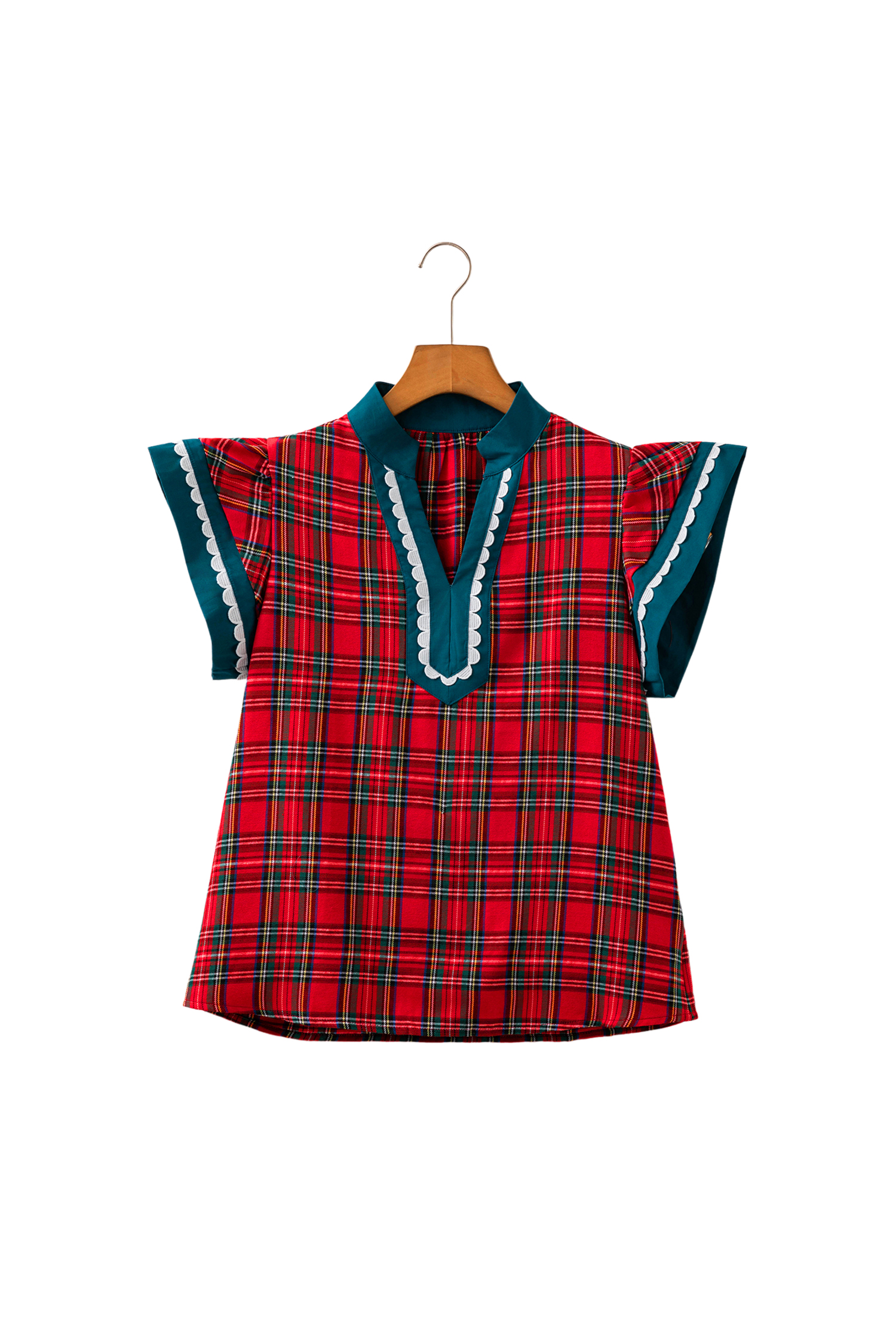 Women's Holiday Plaid Shirt, Short Sleeve Notched Neck Top - Detail View 5