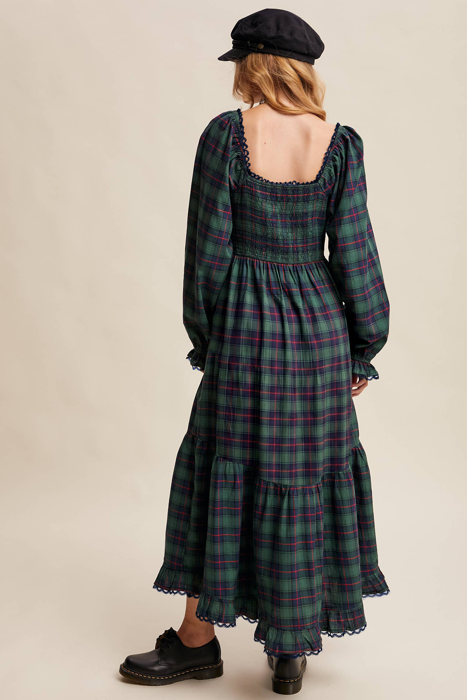 Autumn Plaid Tiered Dress, Smocked Waist Long Sleeve Style - Detail View 5