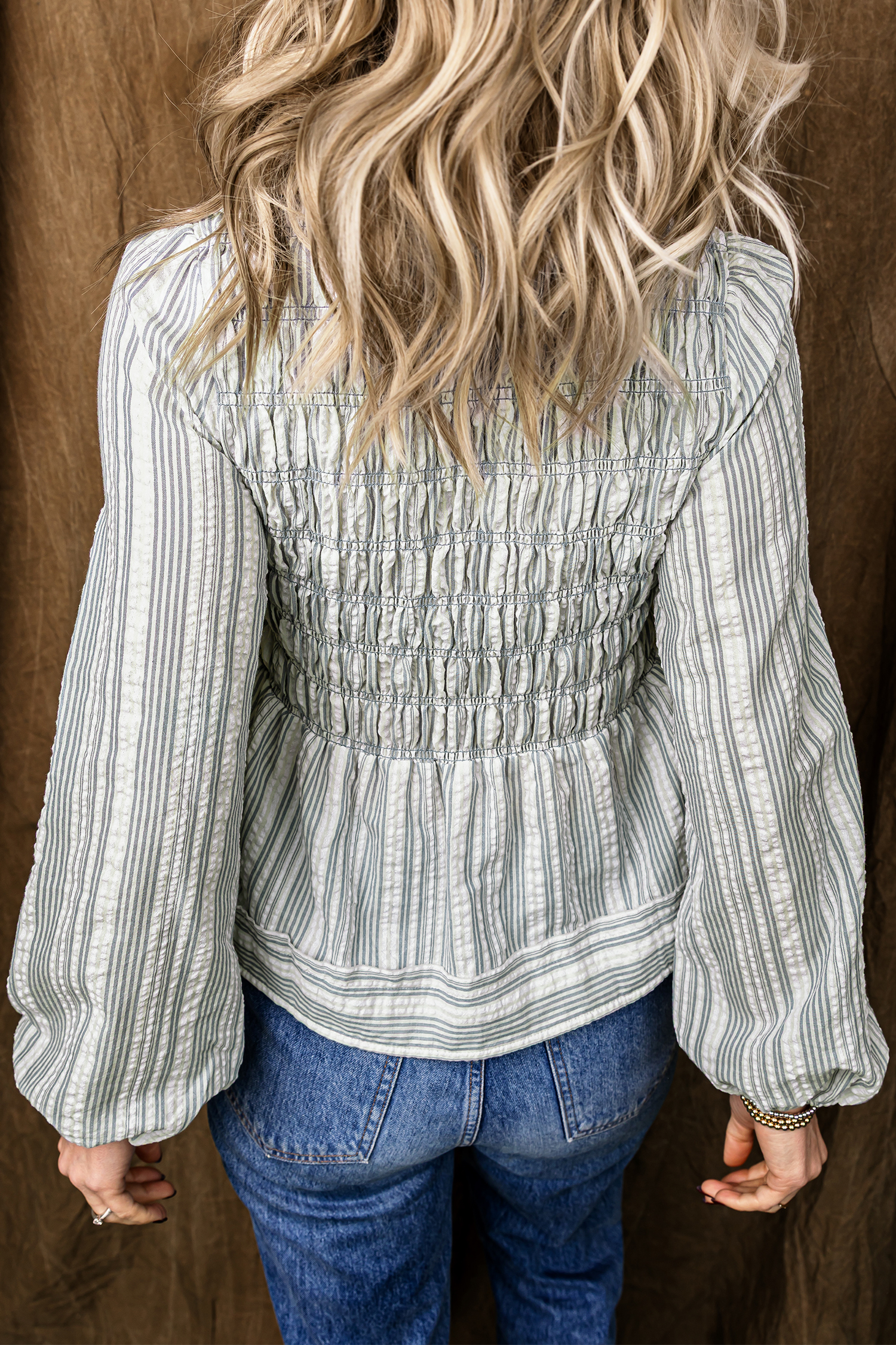 Long Sleeve Striped Blouse, Women's V Neck Shirred Peplum Top - Detail View 2