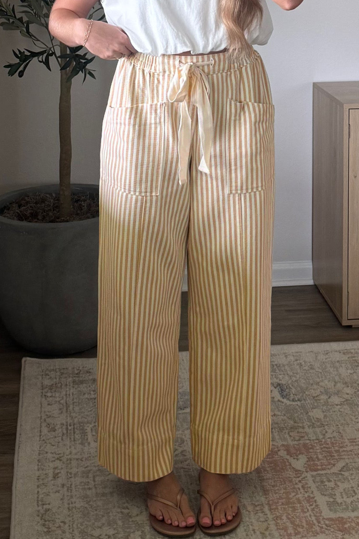Women's Cotton Striped Pants, Drawstring Waist Trousers - Detail View 6
