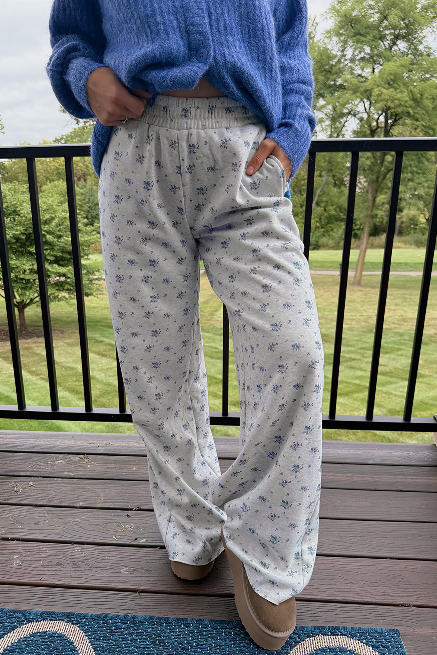 Autumn Floral Wide Leg Pants, Relaxed Daily Casual Trousers - Detail View 6