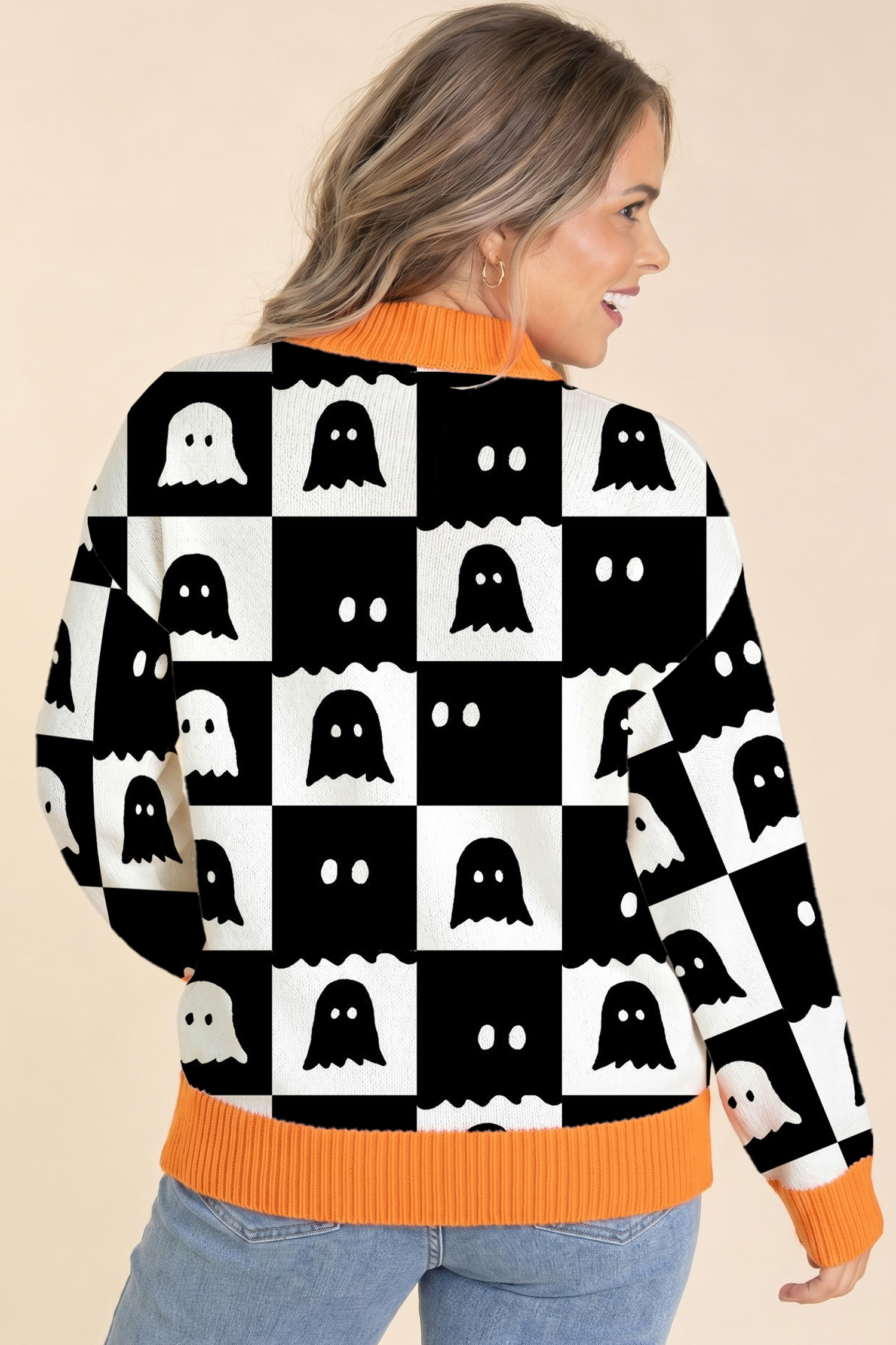 Checkered Ghost Knit Pullover, Women's Fall Fashion Top - Detail View 5