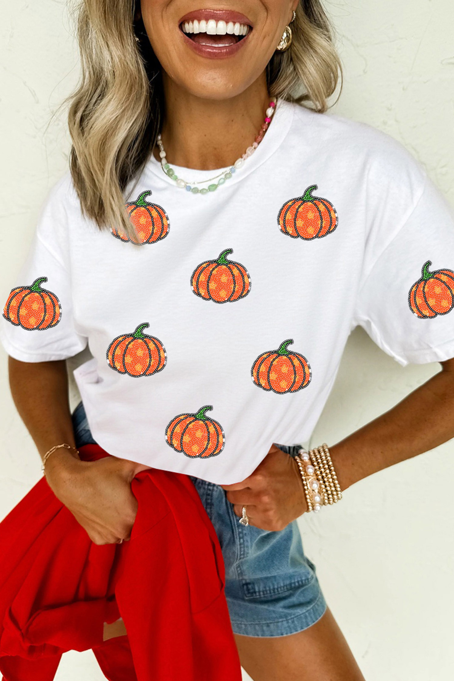 Casual Pumpkin Sequin T Shirt, Short Sleeve Autumn Tee - Detail View 2