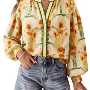 Women's Floral Button Down Shirt, Long Sleeve V Neck Top - Main View