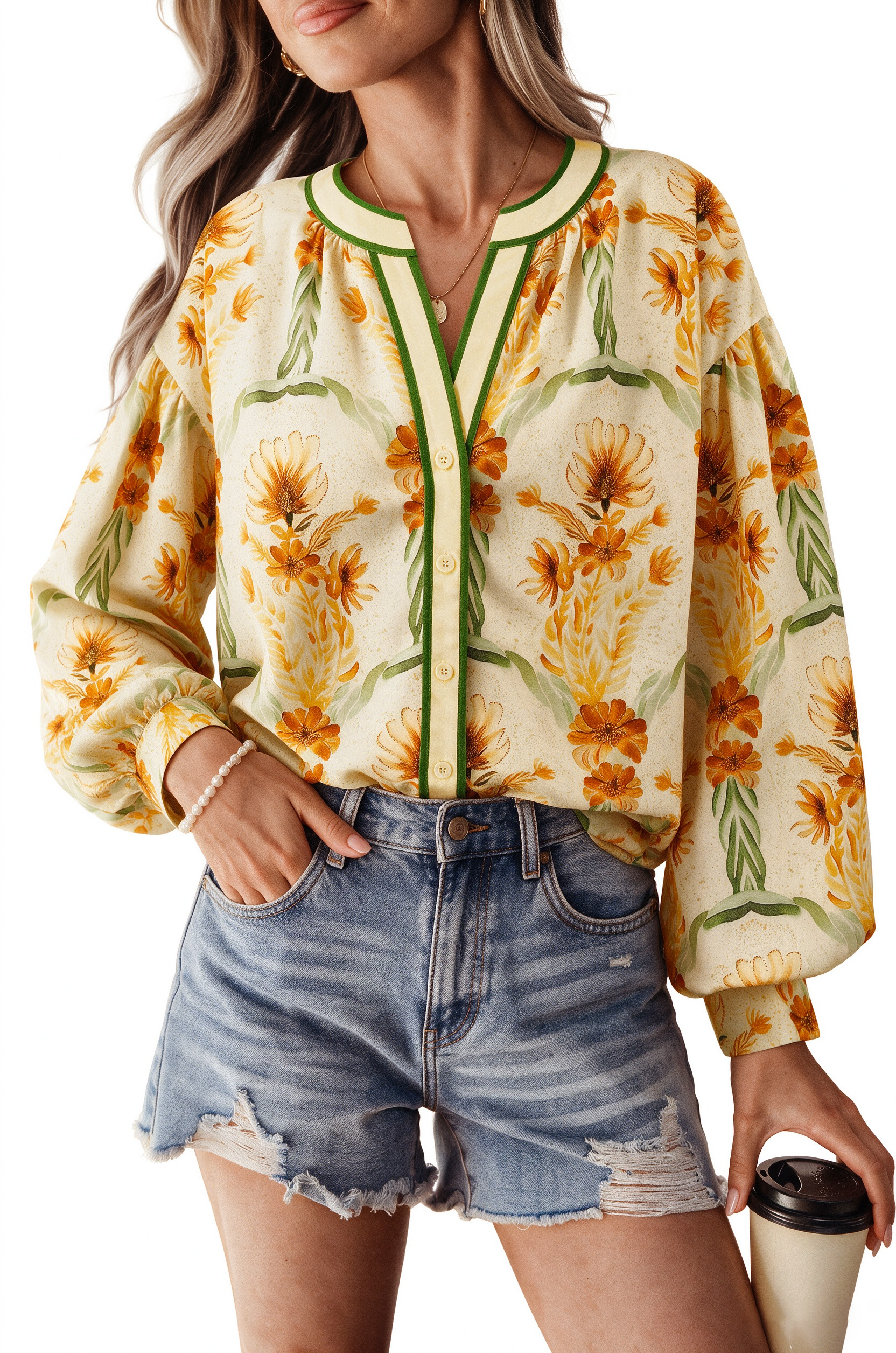 Women's Floral Button Down Shirt, Long Sleeve V Neck Top - Main View