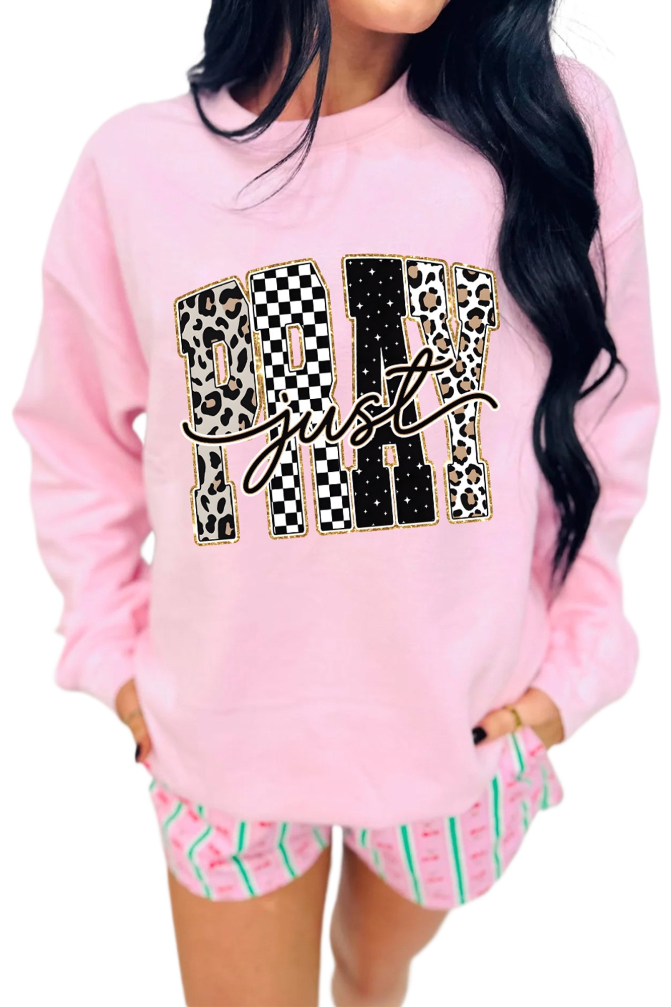 Women's Just Pray Sweatshirt, Casual Crewneck Pullover - Main View