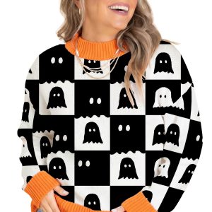 Women's Ghost Print Sweater, Halloween High Neck Top - Main View