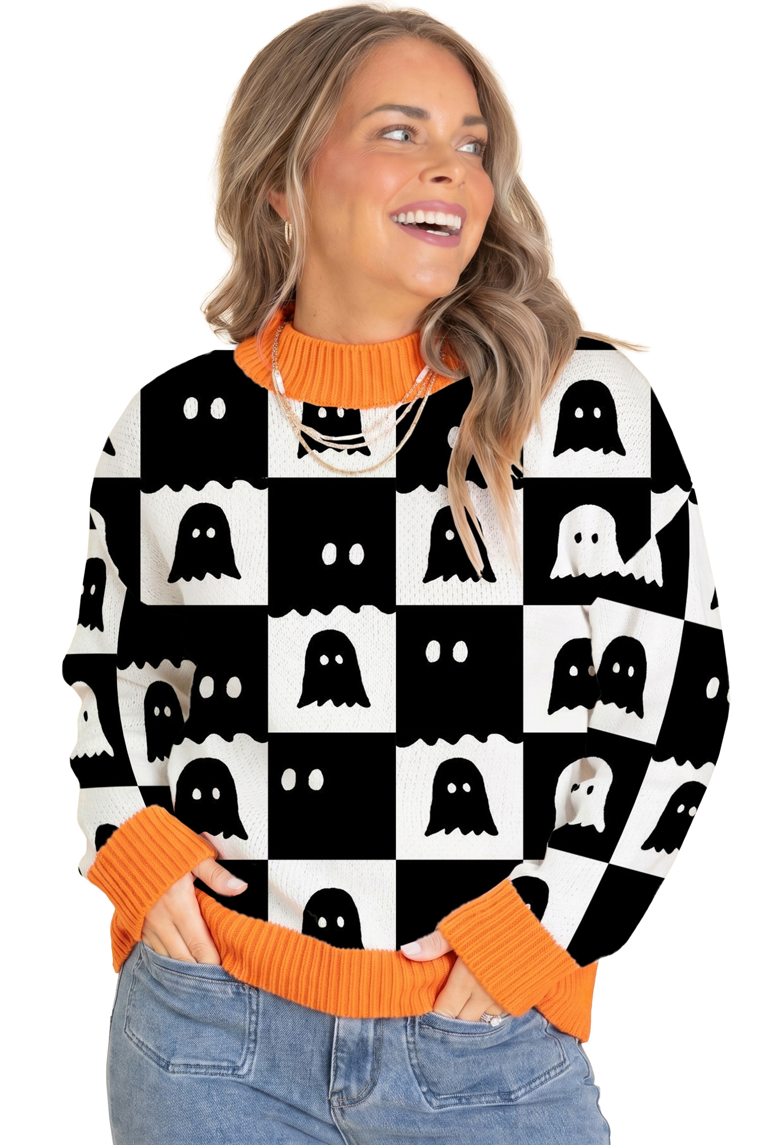 Women's Ghost Print Sweater, Halloween High Neck Top - Main View