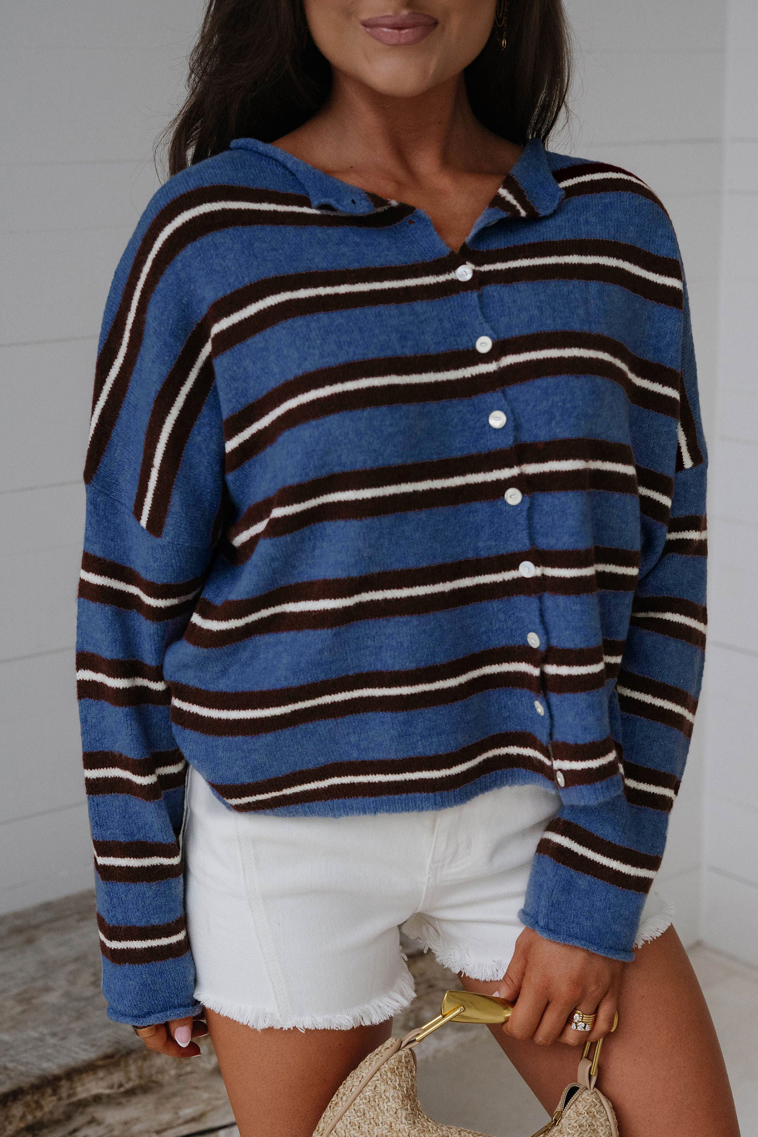 Women's Round Neck Cardigan, Soft Striped Autumn Knitwear - Detail View 9