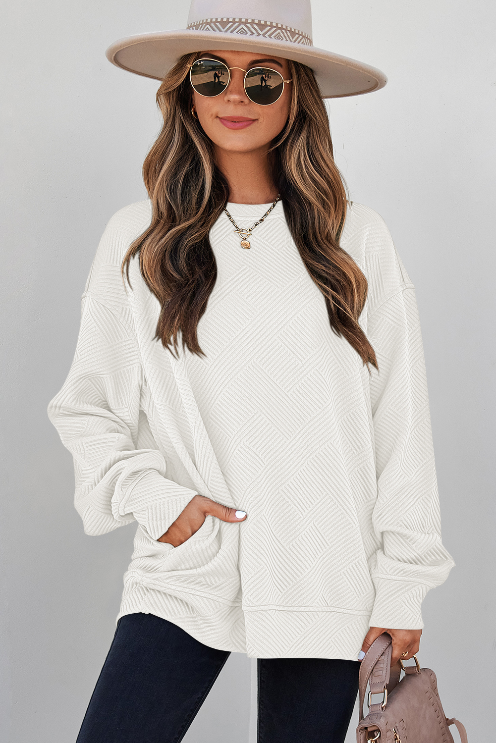 Loose Fit Women's Sweatshirt, Cozy Textured Pullover - Detail View 6