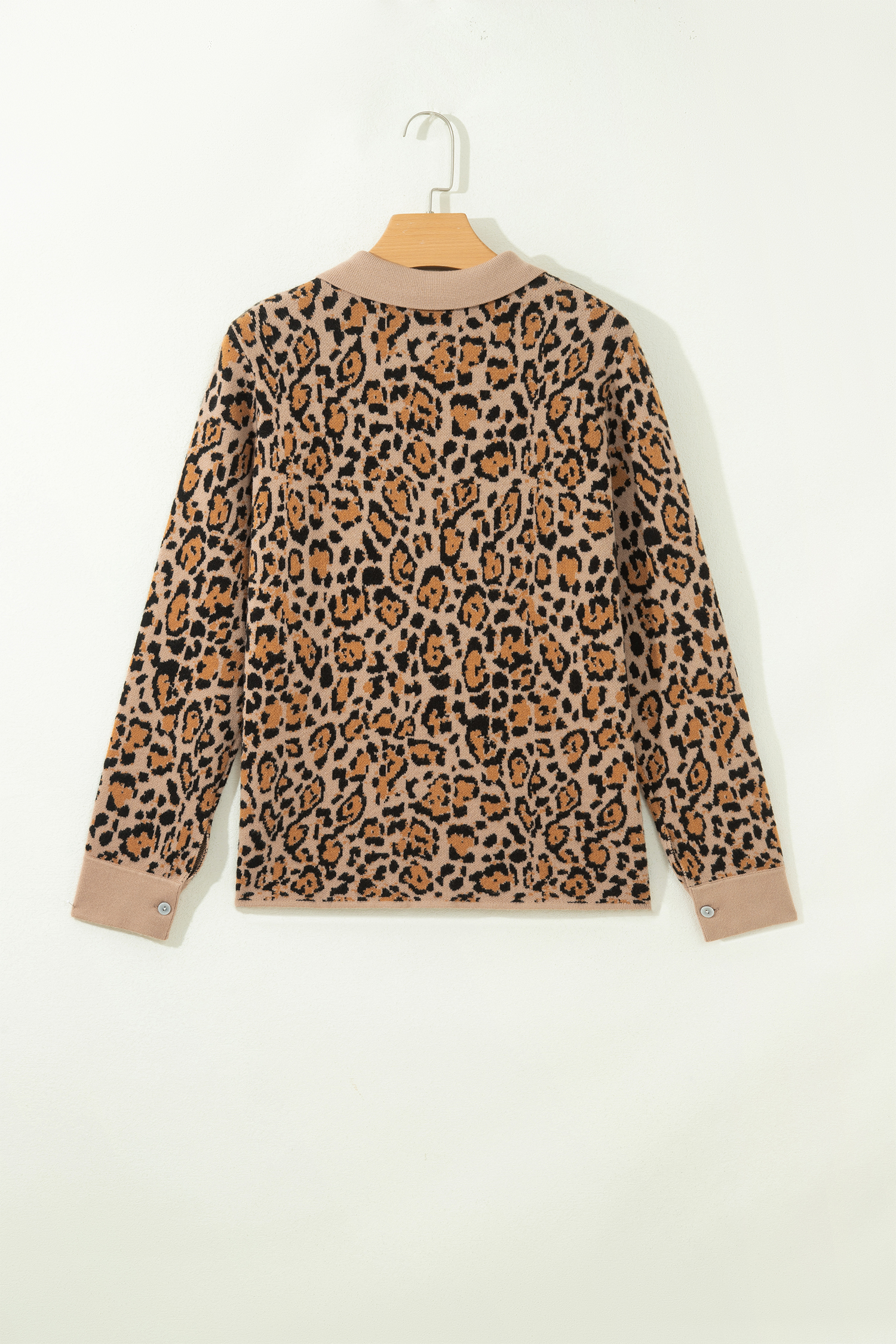 Brown Leopard Knit Cardigan, Chic Long Sleeve Office Layer - Detail View 9