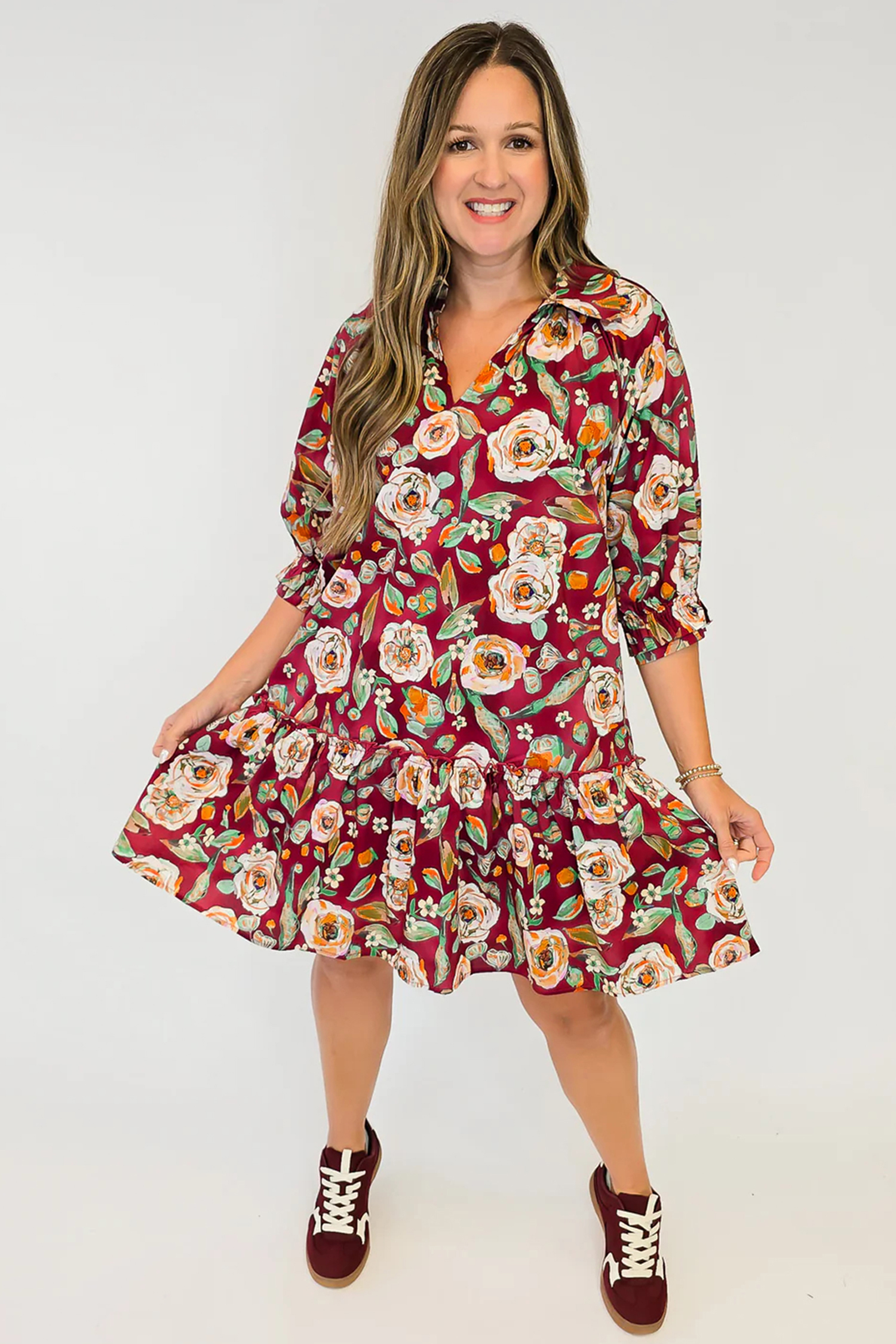 Floral Print Shift Dress, Short Cotton Vacation Mini Outfit - Detail View 8