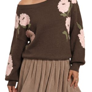 Women's Floral Pullover, Drop Shoulder Autumn Sweater - Main View