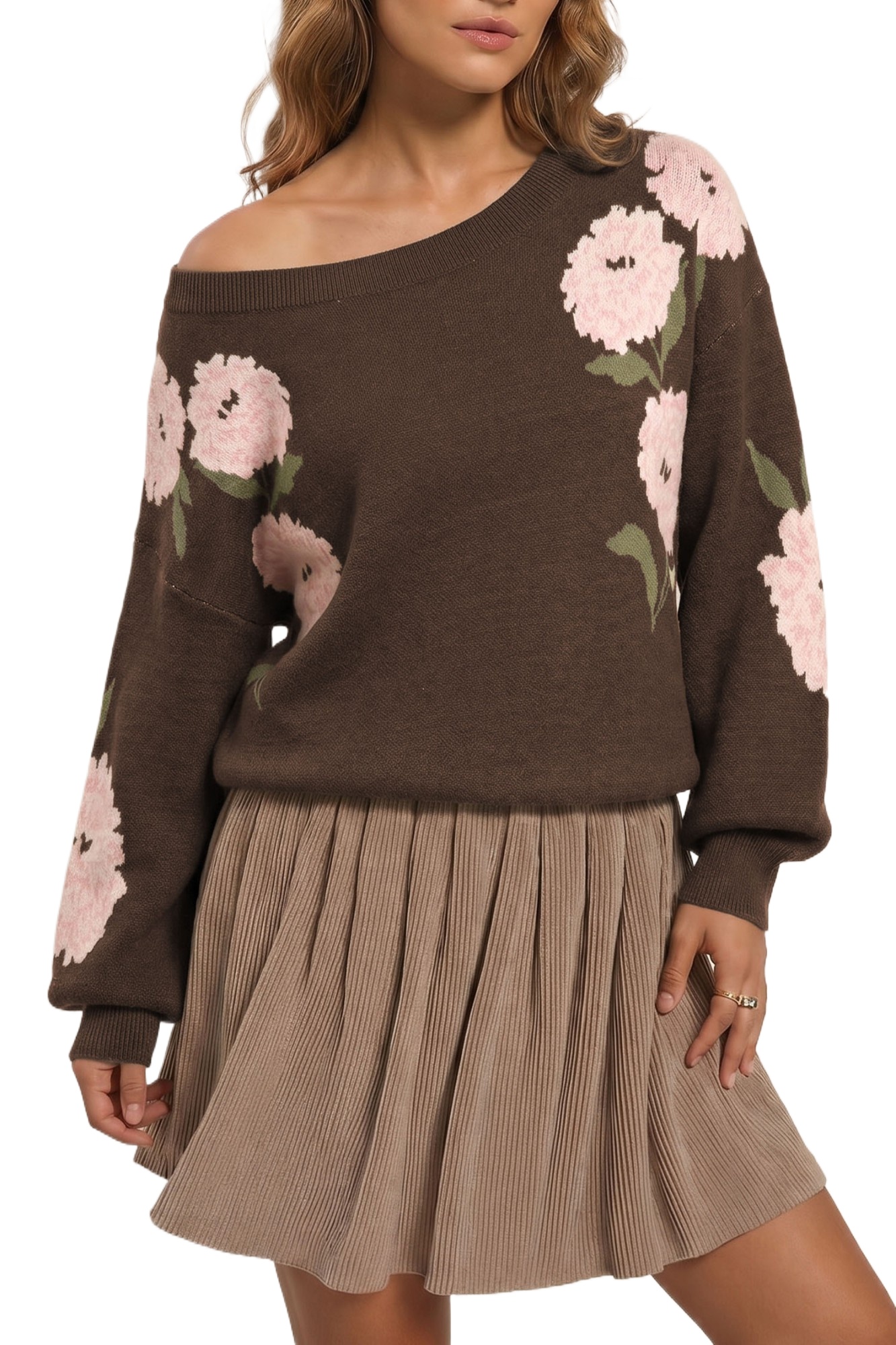 Women's Floral Pullover, Drop Shoulder Autumn Sweater - Main View