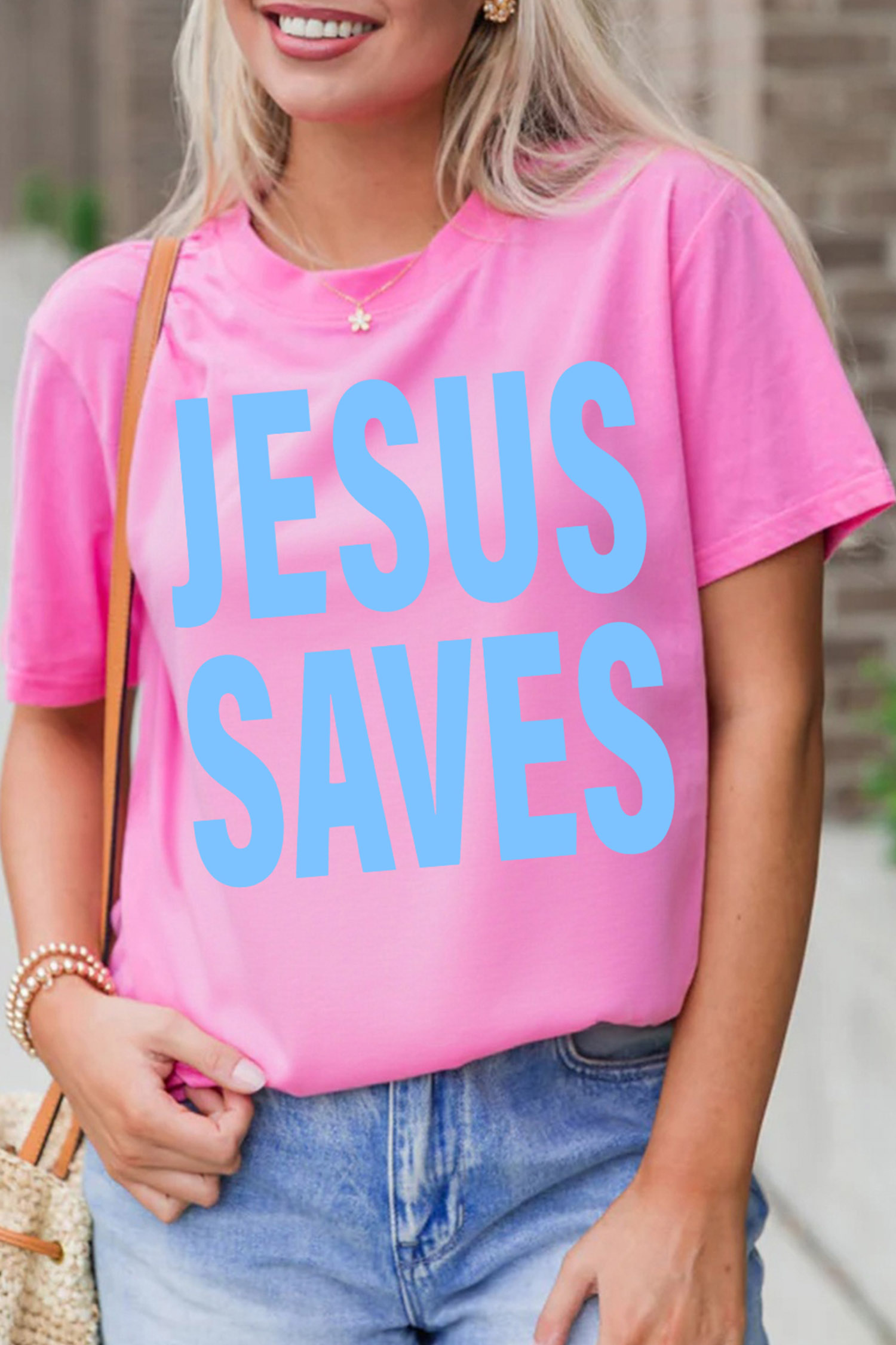 Sachet Pink Letter Print Tee, Women's Faith Inspired Shirt - Detail View 2