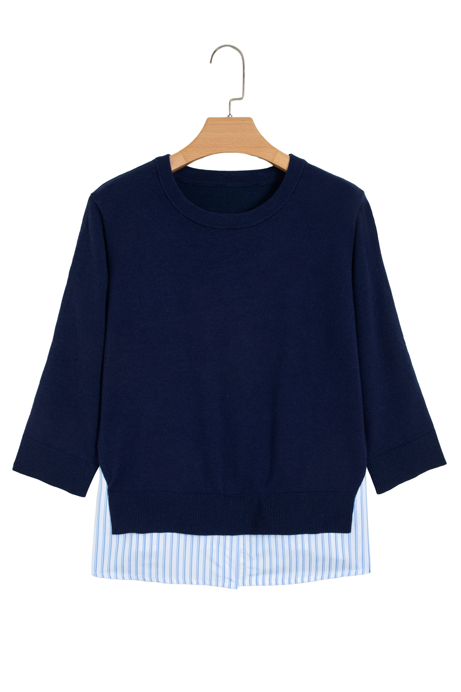 Navy Blue Patchwork Sweater, Chic Striped Long Sleeve Top - Detail View 5