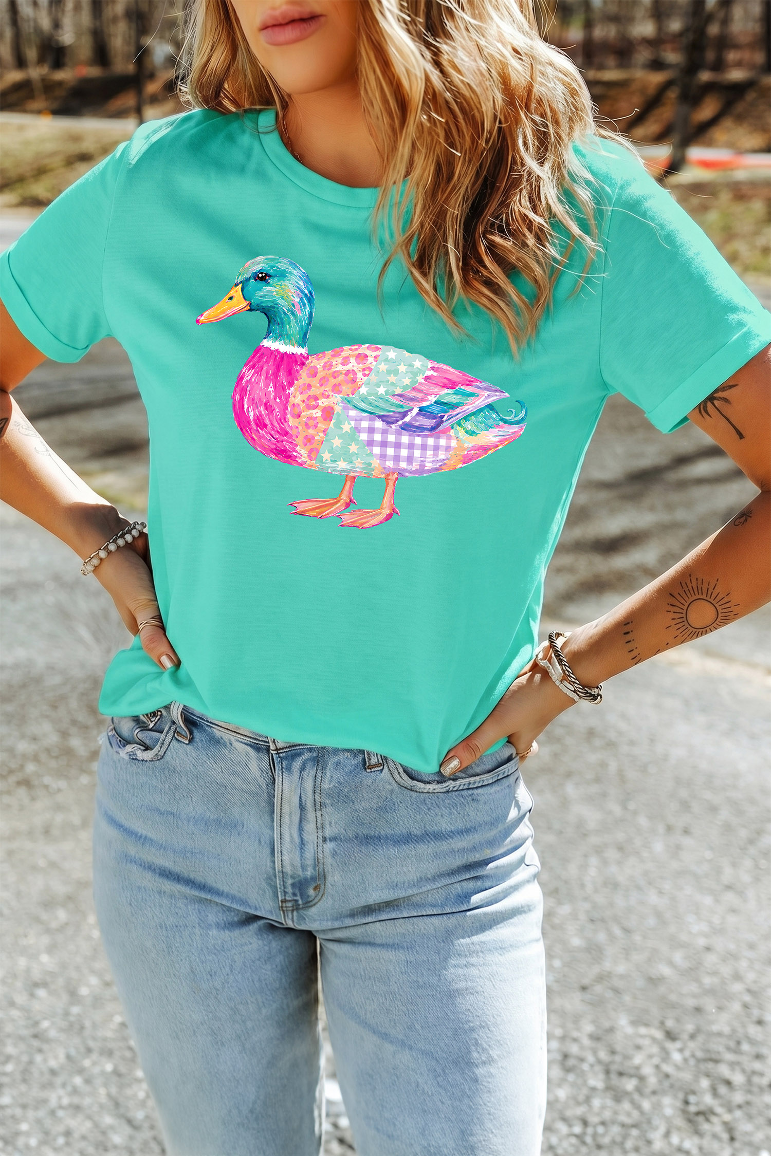 Women's Mallard Duck T Shirt, Mint Green Western Graphic Tee - Detail View 7