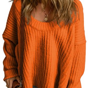 Women's Orange Ribbed Sweater, Slouchy V Neck Knit Pullover - Main View
