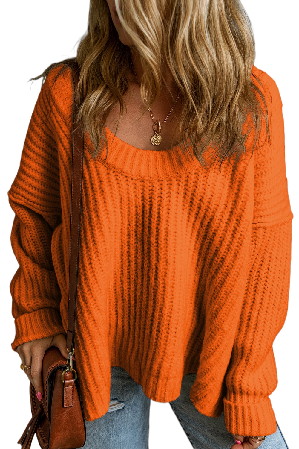 Women's Orange Ribbed Sweater, Slouchy V Neck Knit Pullover - Main View