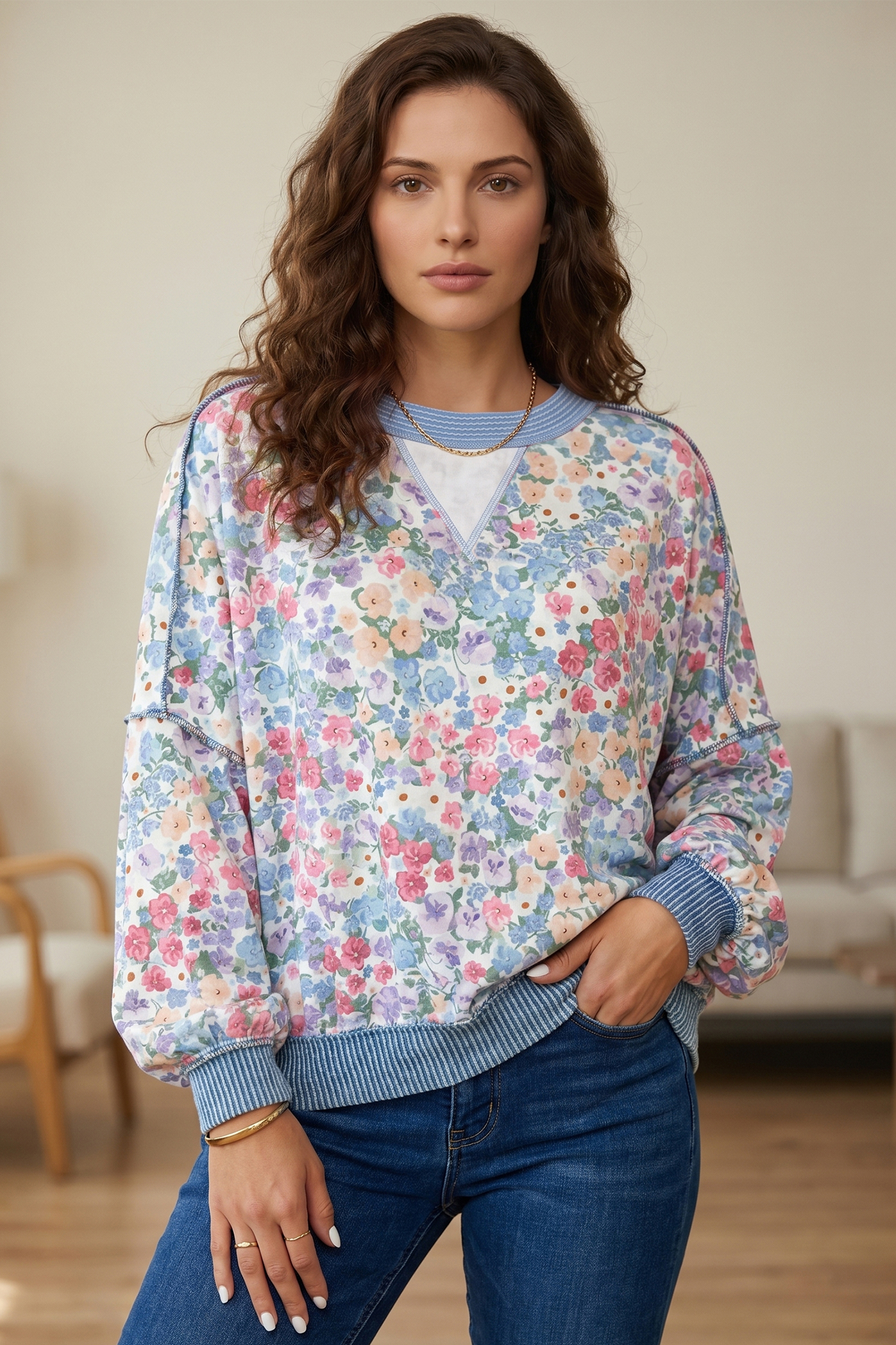 Casual Floral Long Sleeve Shirt, Women's Comfy Shift Pullover - Detail View 3