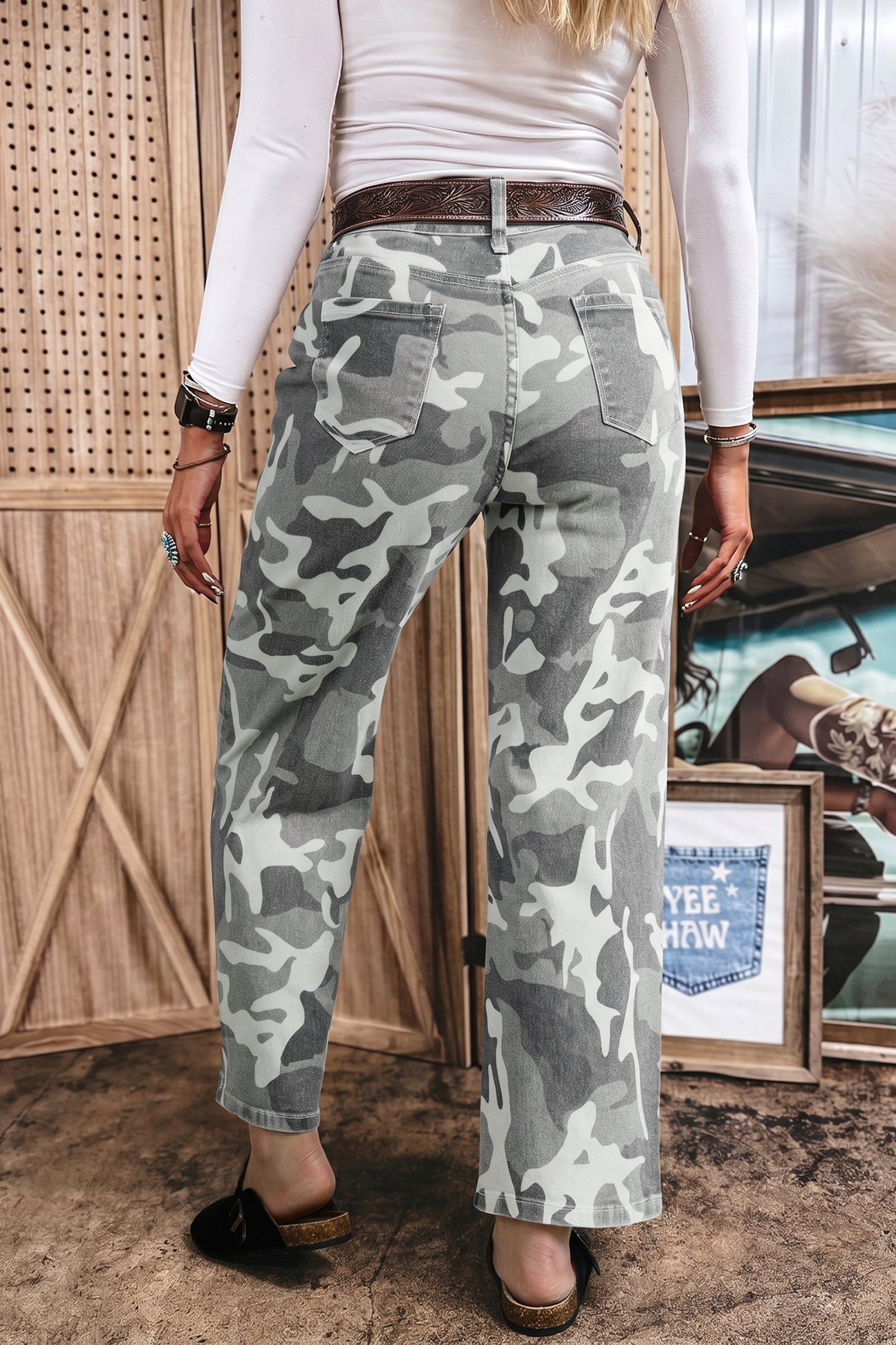 Trendy Camouflage Jeans, Cotton Blend High Rise Daily Denim - Detail View 5