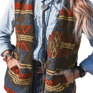 Women's Western Sherpa Vest, Multicolour Print Sleeveless Top - Main View