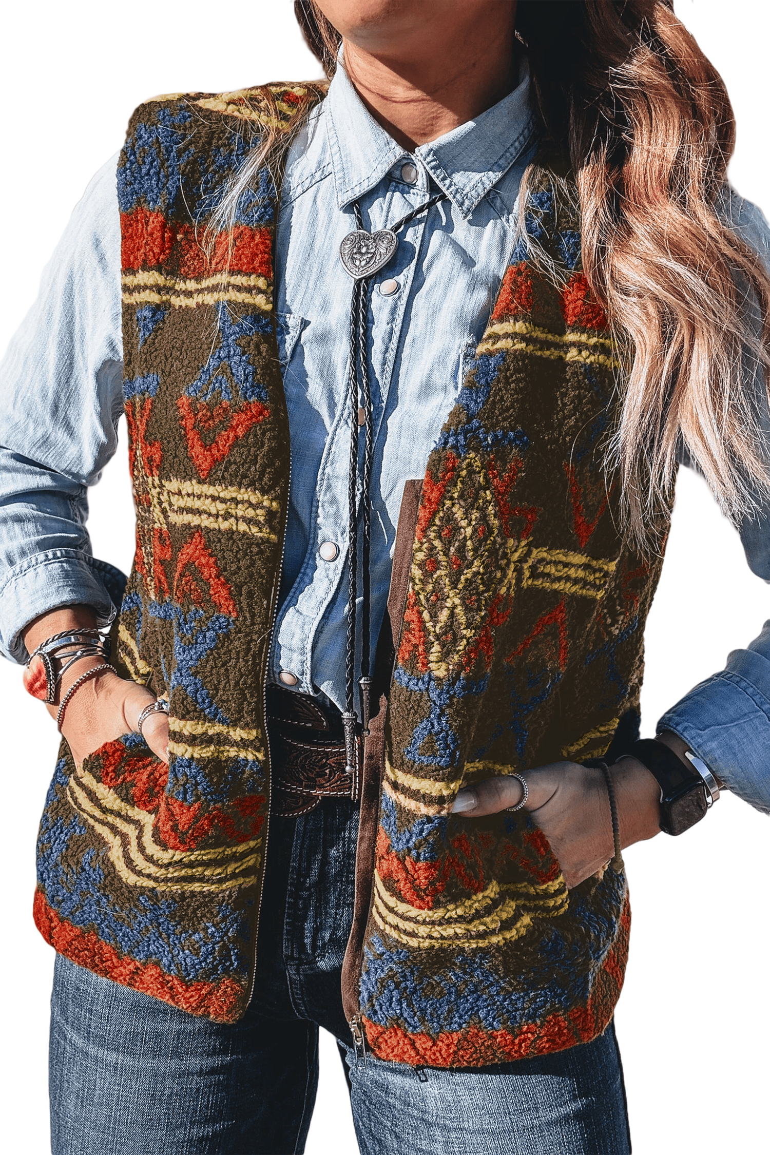 Women's Western Sherpa Vest, Multicolour Print Sleeveless Top - Main View