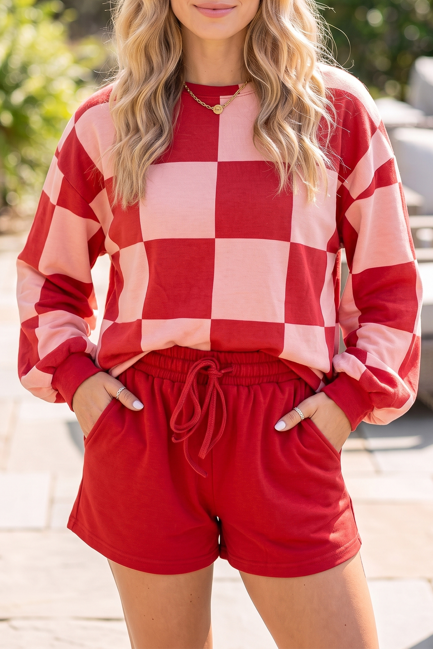 Women's Two Piece Lounge Set, Trendy Checkerboard Print - Detail View 6