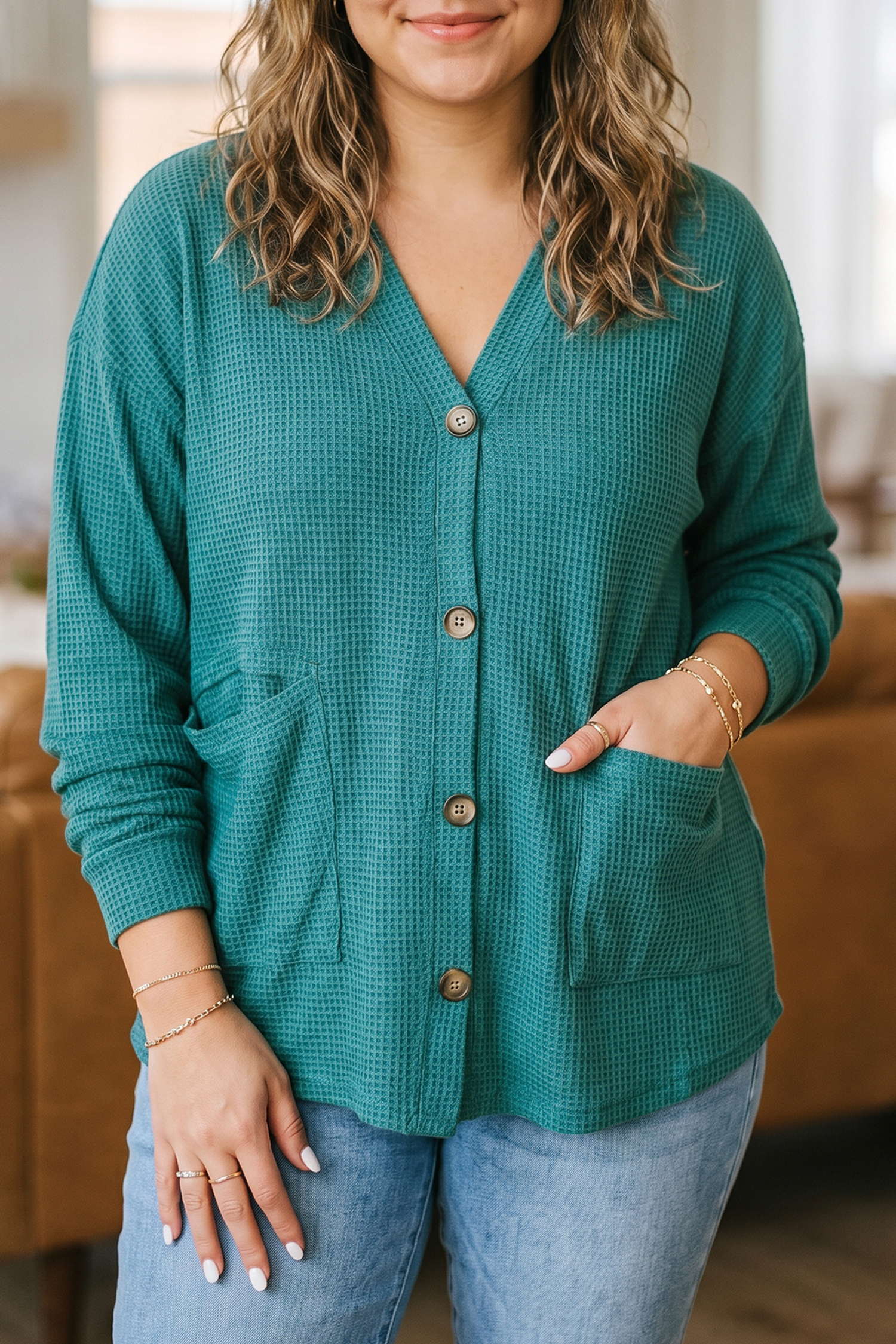 Women's Waffle Knit Cardigan, Button Front Long Sleeve Top - Detail View 7