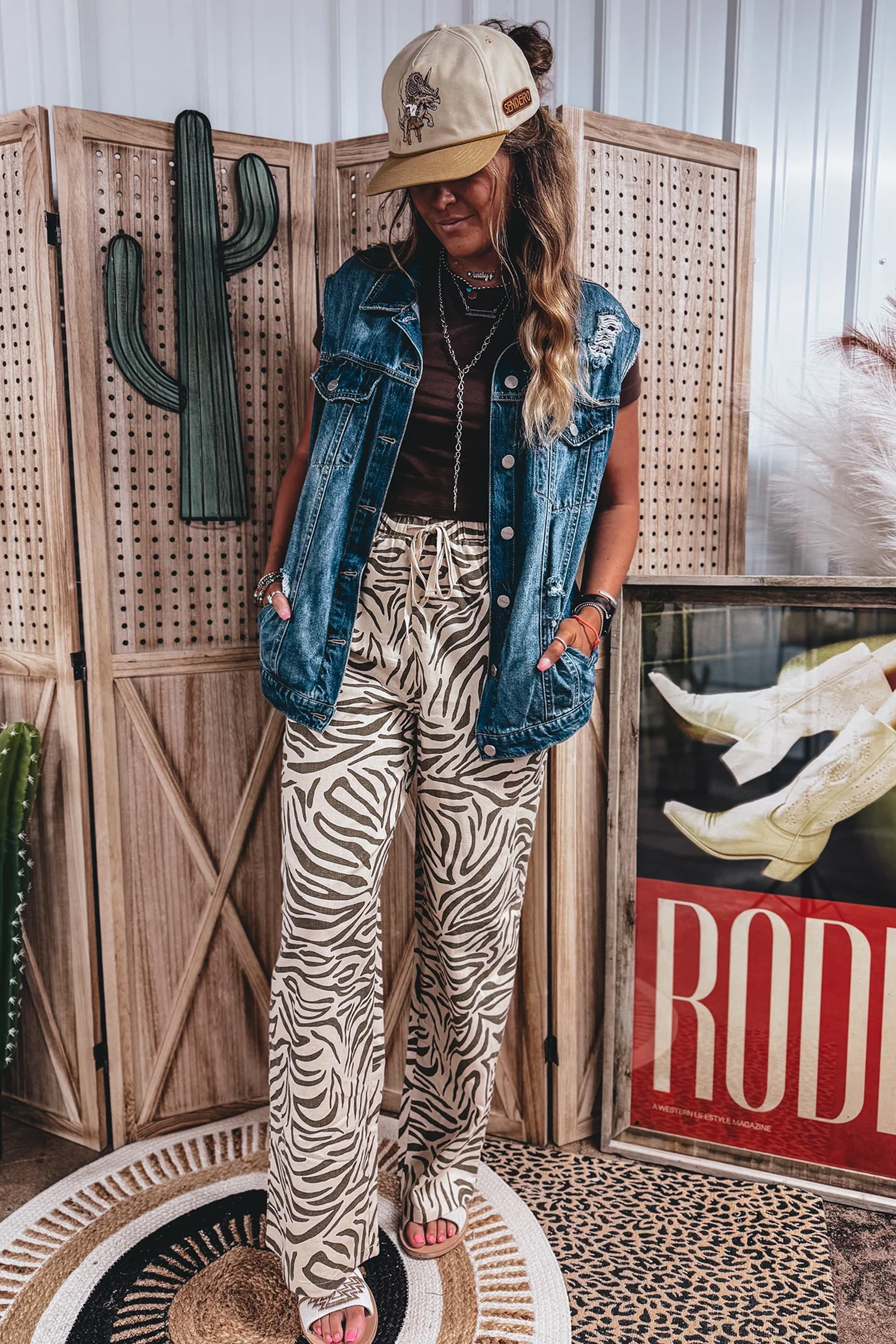 Women's Zebra Print Pants, Western Style Wide Leg Trousers - Detail View 7