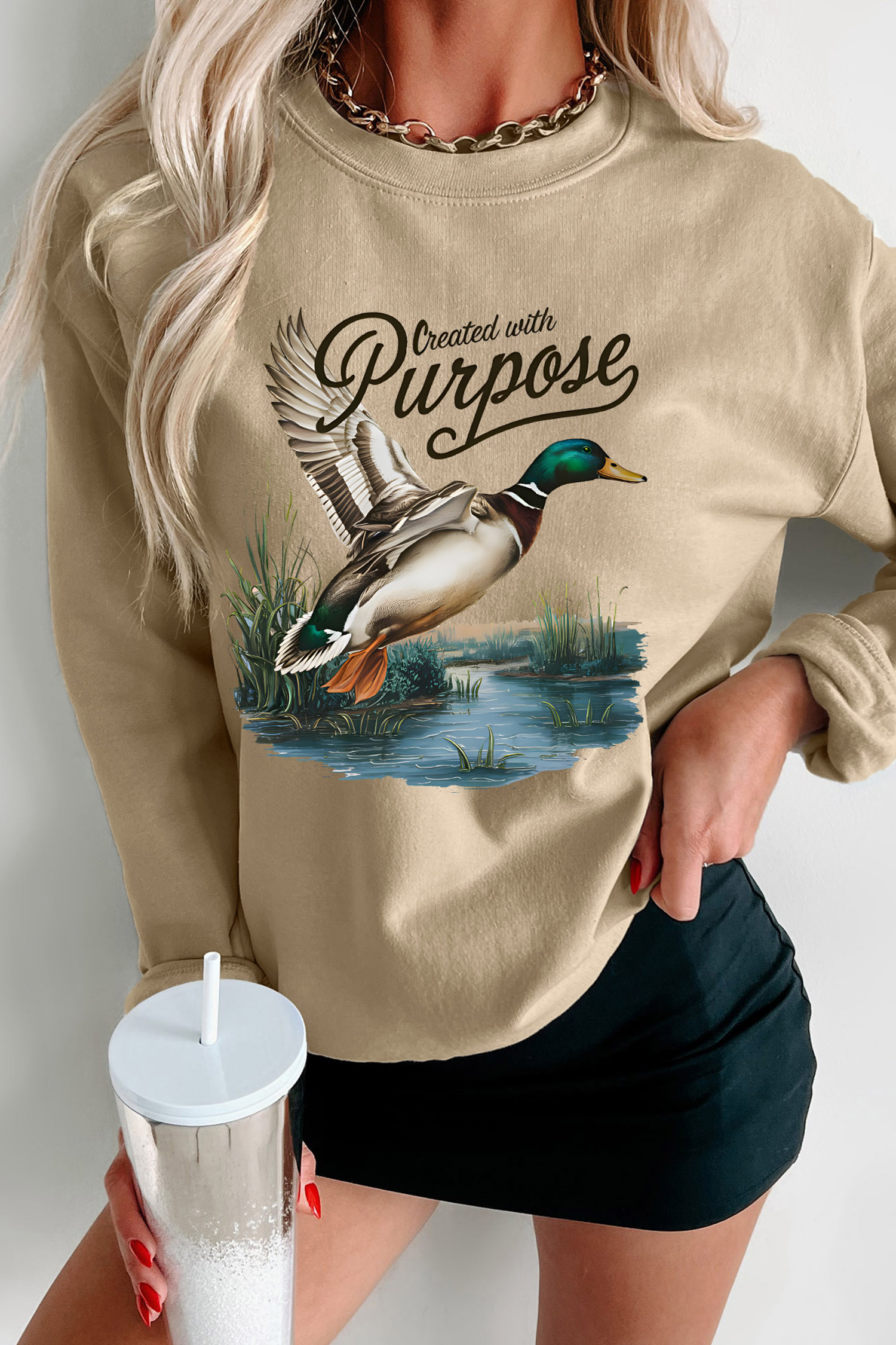 Western Mallard Print Pullover, Casual Khaki Crewneck Top - Detail View 2