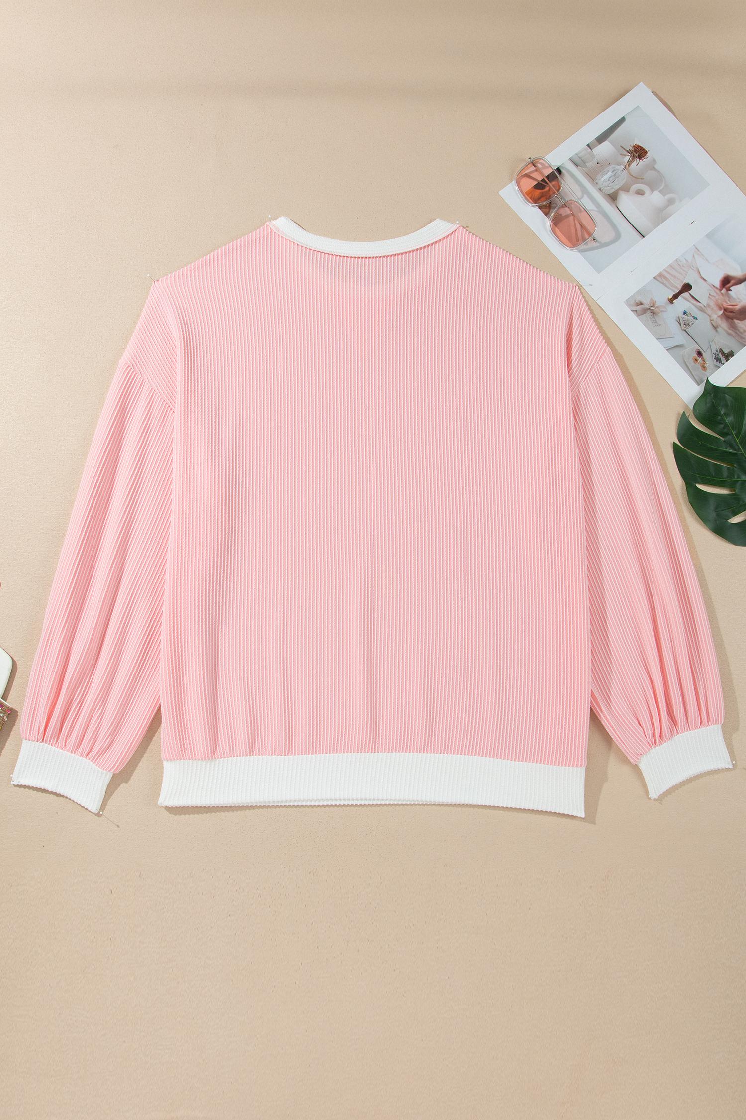 Pink Ribbed Knit Sweater, Round Neck Fall Colorblock Blouse - Detail View 8