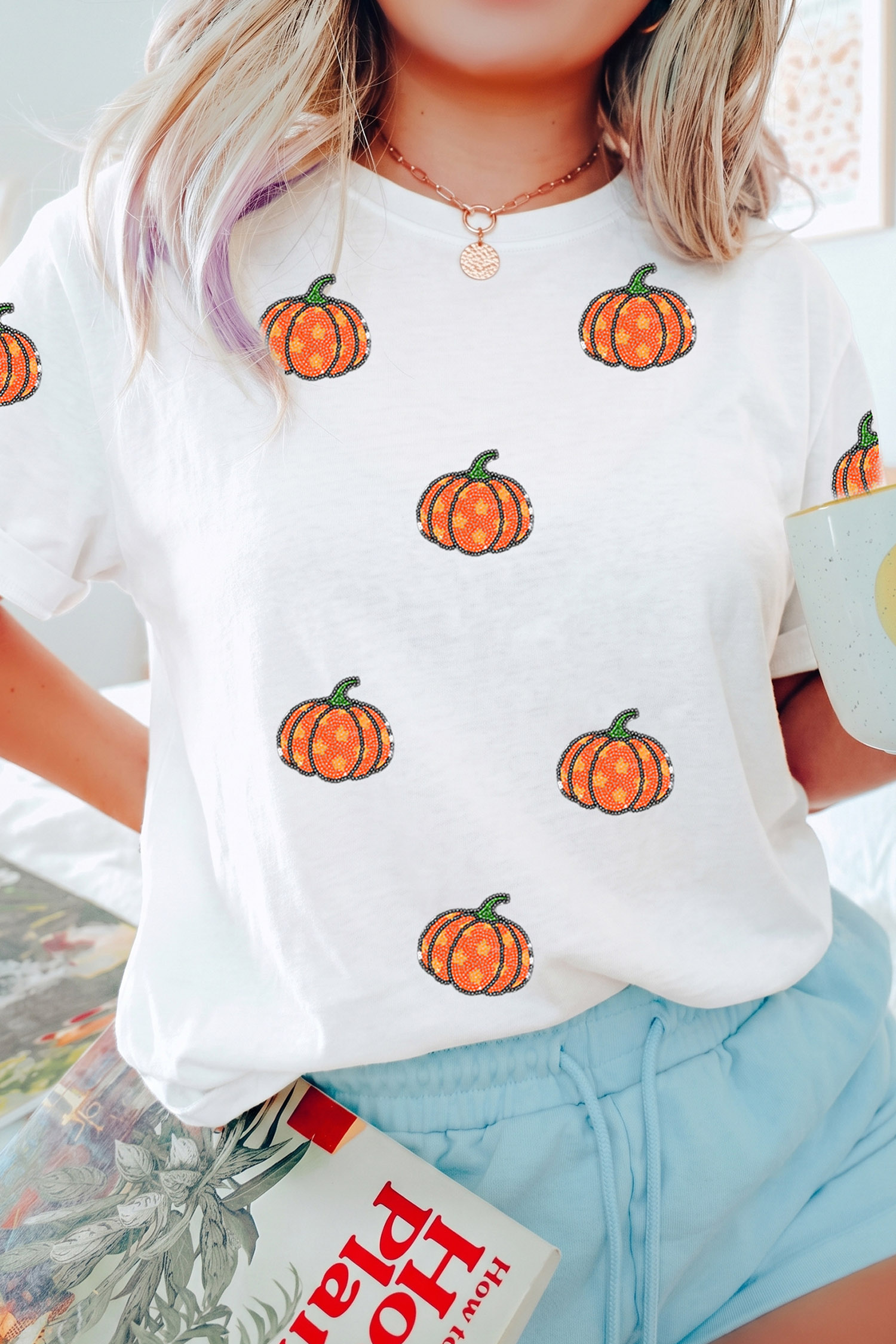White Pumpkin Print Graphic Top, Women's Seasonal Casual - Detail View 3