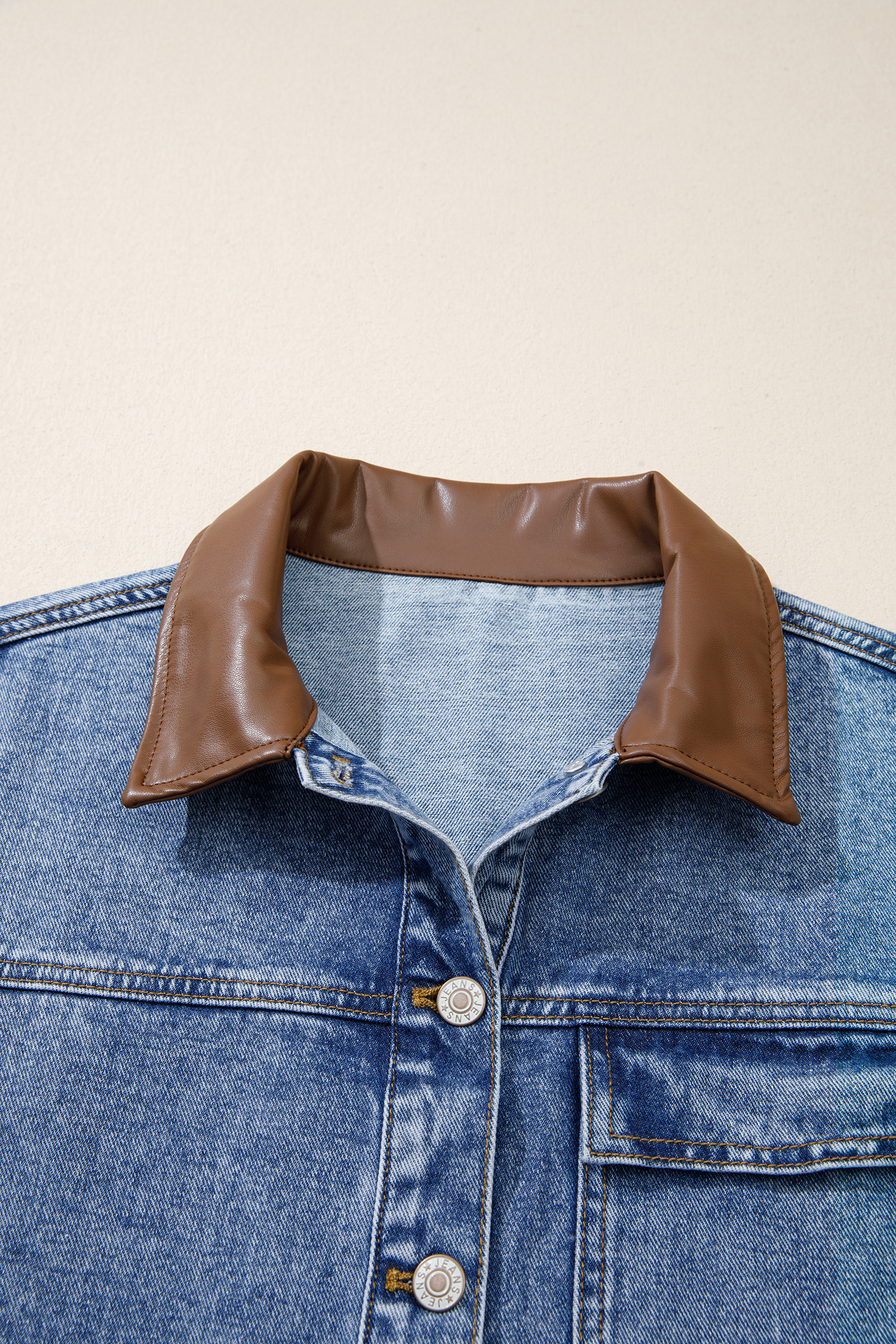 Women's Denim Jacket, Sky Blue Patchwork Button Down Coat - Detail View 7