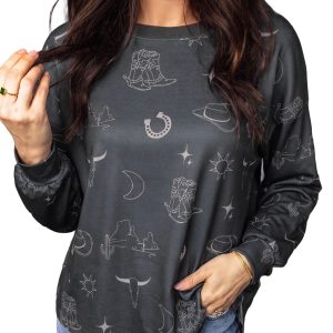 Women's Western Print Sweatshirt, Long Sleeve Gray Crew Neck - Main View