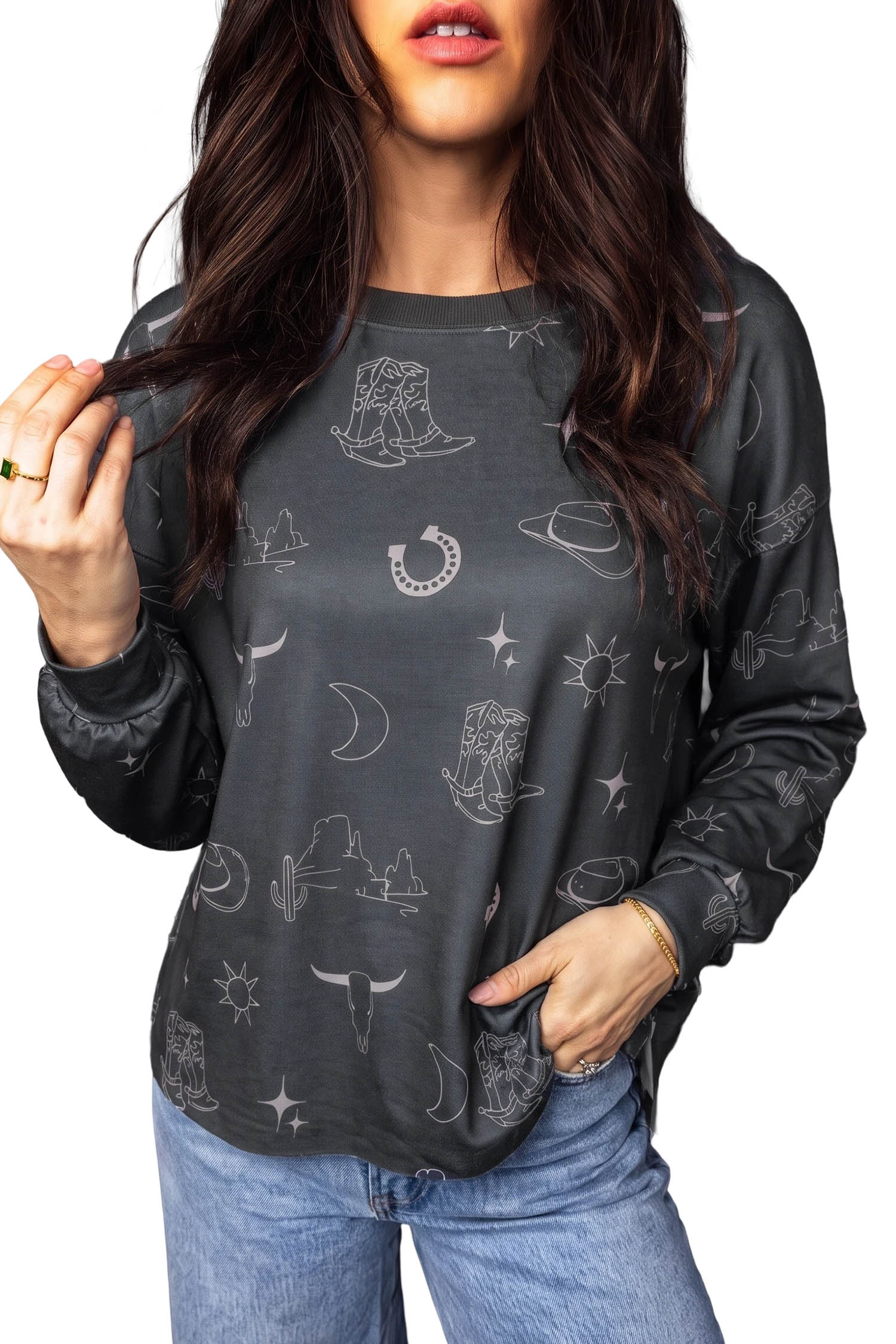 Women's Western Print Sweatshirt, Long Sleeve Gray Crew Neck - Main View