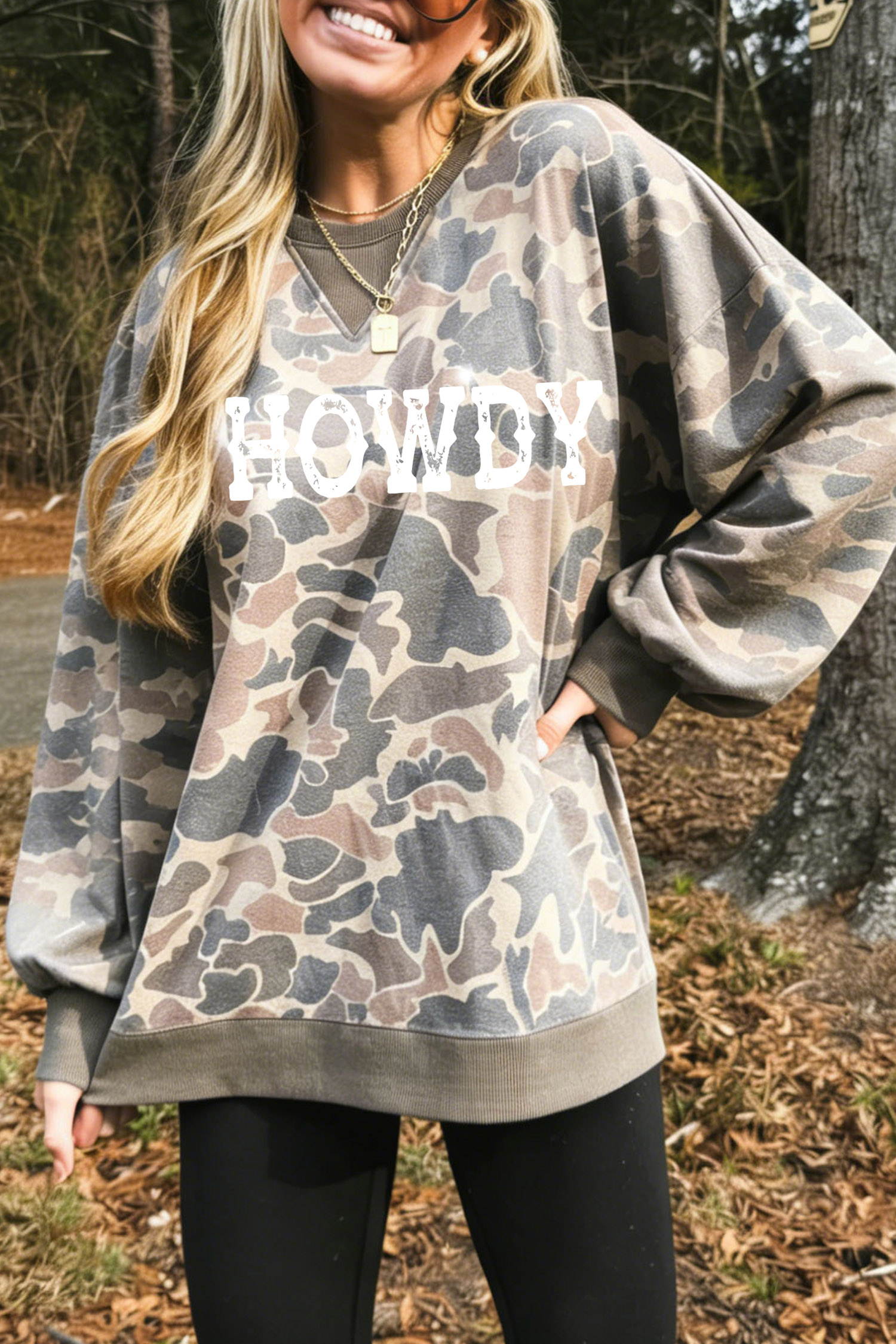Casual Howdy Camo Print Sweatshirt, Women's Fall Western Top - Detail View 6