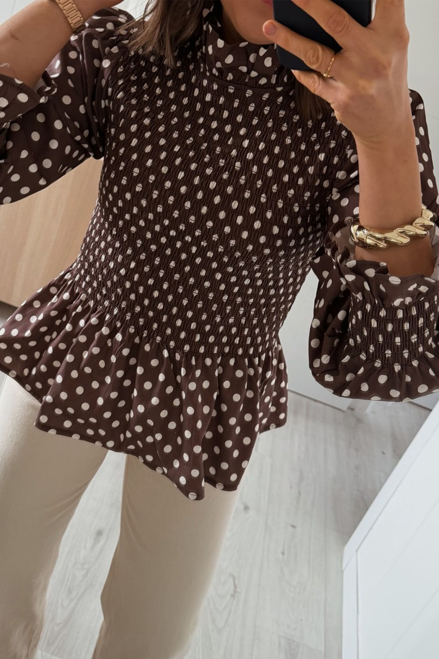 Elegant High Neck Blouse, Women's Fall Polka Dot Shirred Top - Detail View 6