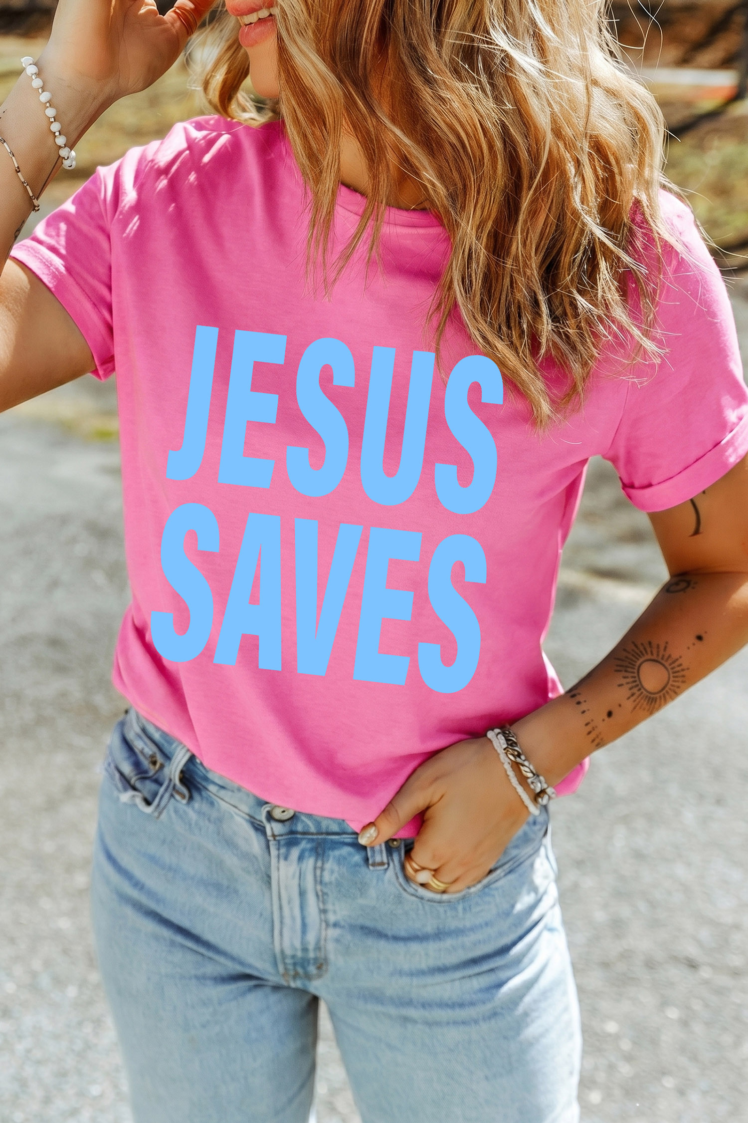 Sachet Pink Letter Print Tee, Women's Faith Inspired Shirt - Detail View 5