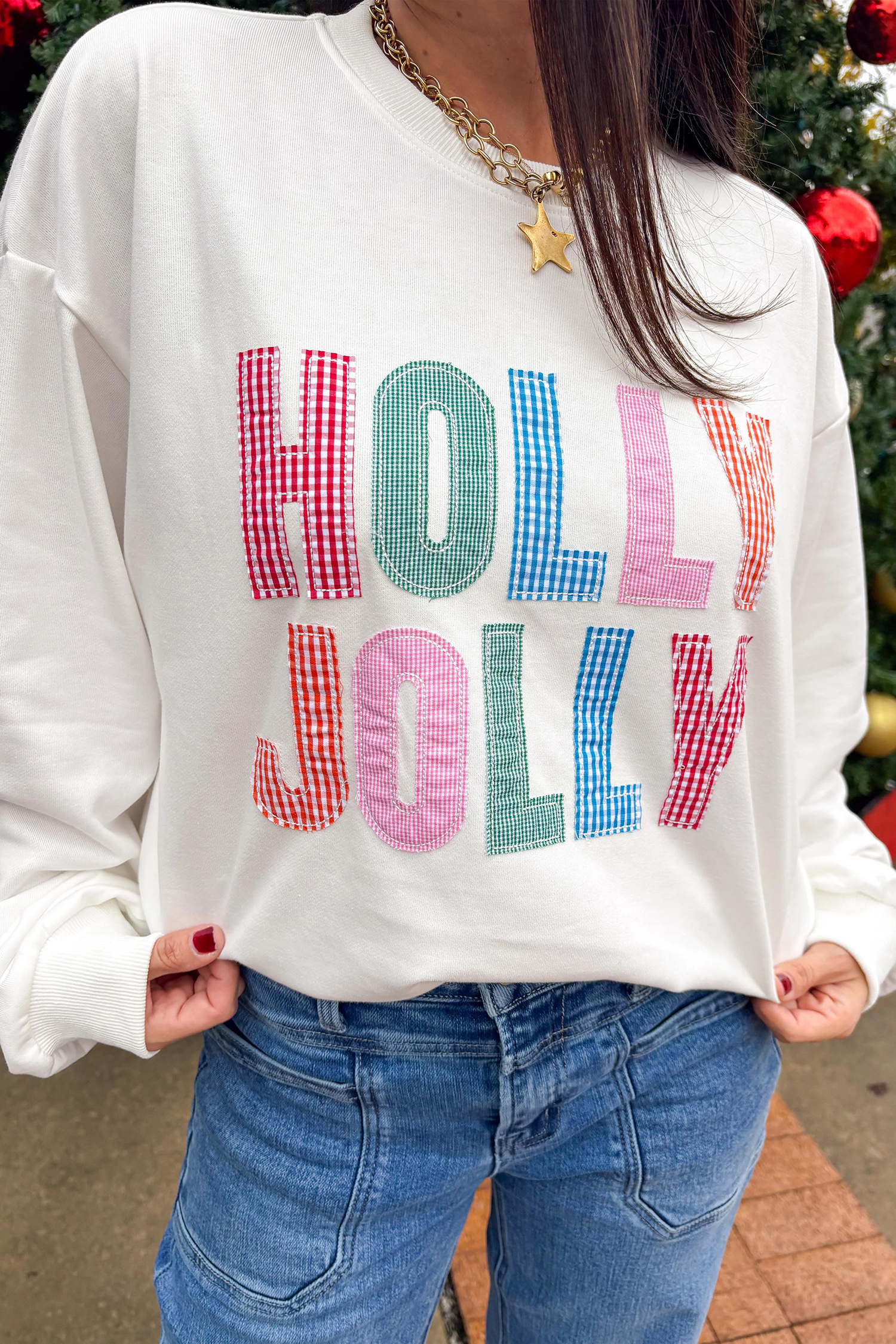 Women's Plaid Letter Sweatshirt, Holly Jolly Christmas Top - Detail View 11