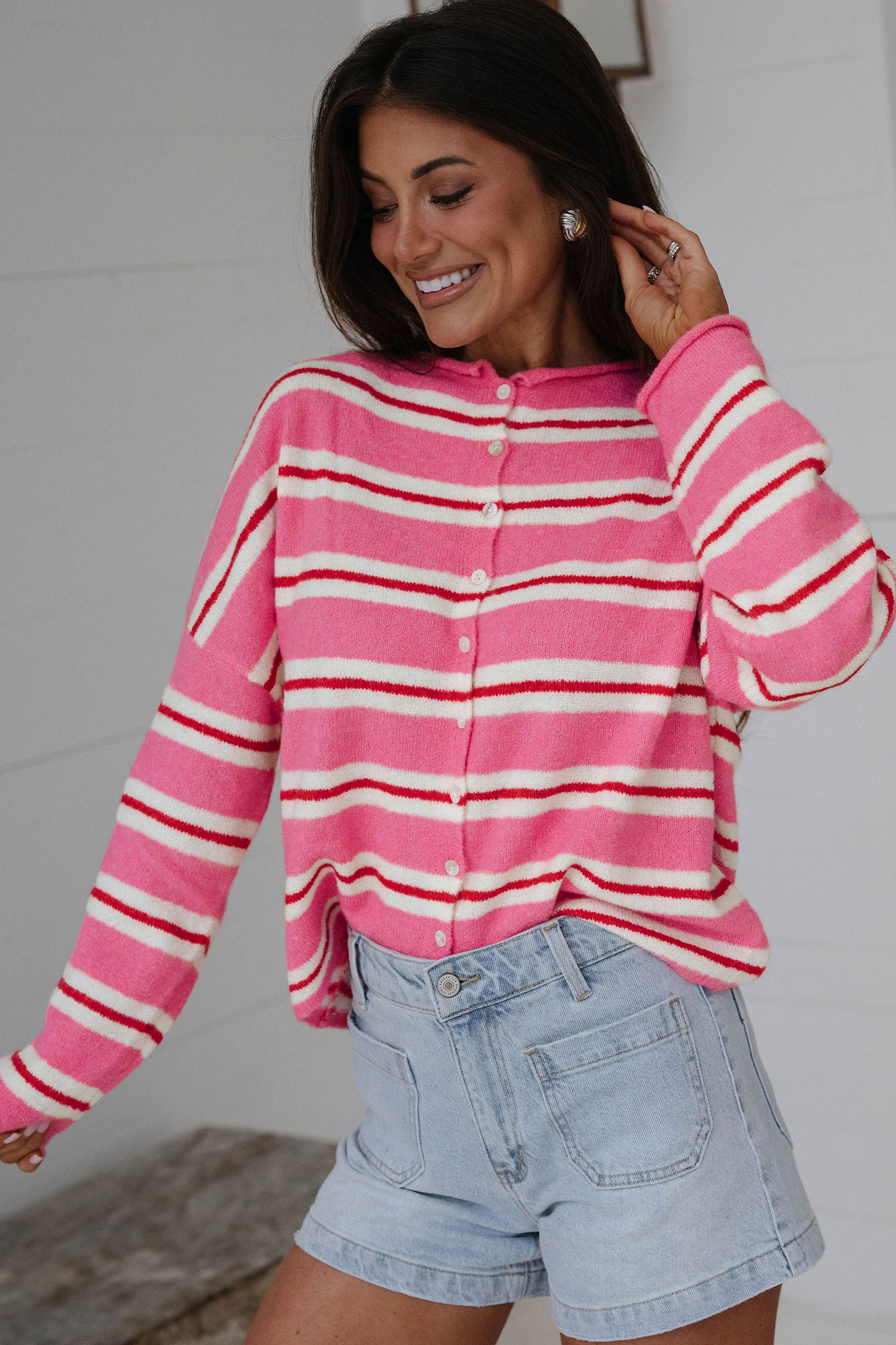 Pink Stripe Knit Cardigan, Long Sleeve Round Neck Button Top - Detail View 5