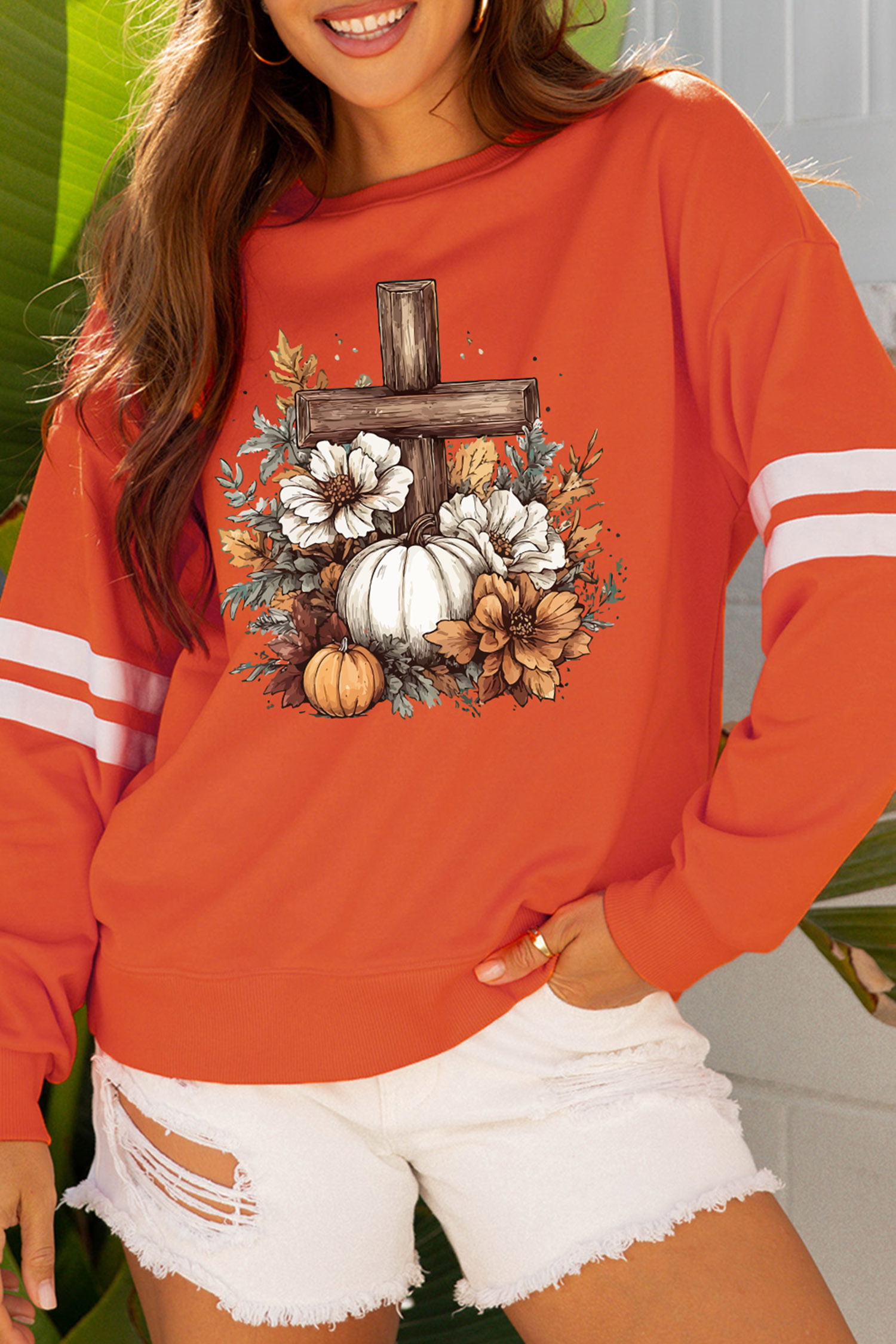 Orange Thanksgiving Floral Sweatshirt, Women's Casual Pullover - Detail View 6