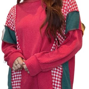 Women's Patchwork Colorblock Top, Casual Red Plaid Long Sleeve - Main View