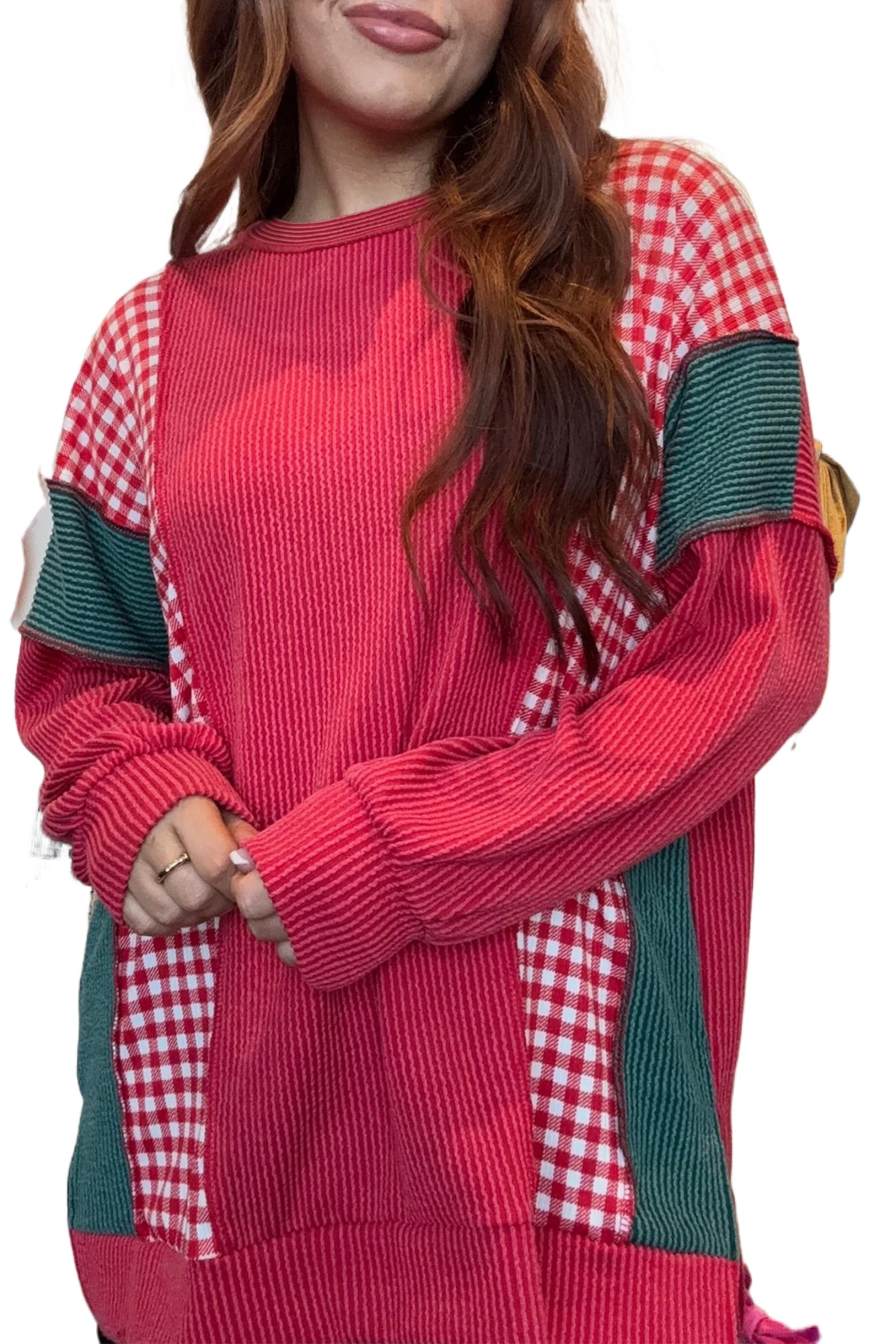 Women's Patchwork Colorblock Top, Casual Red Plaid Long Sleeve - Main View
