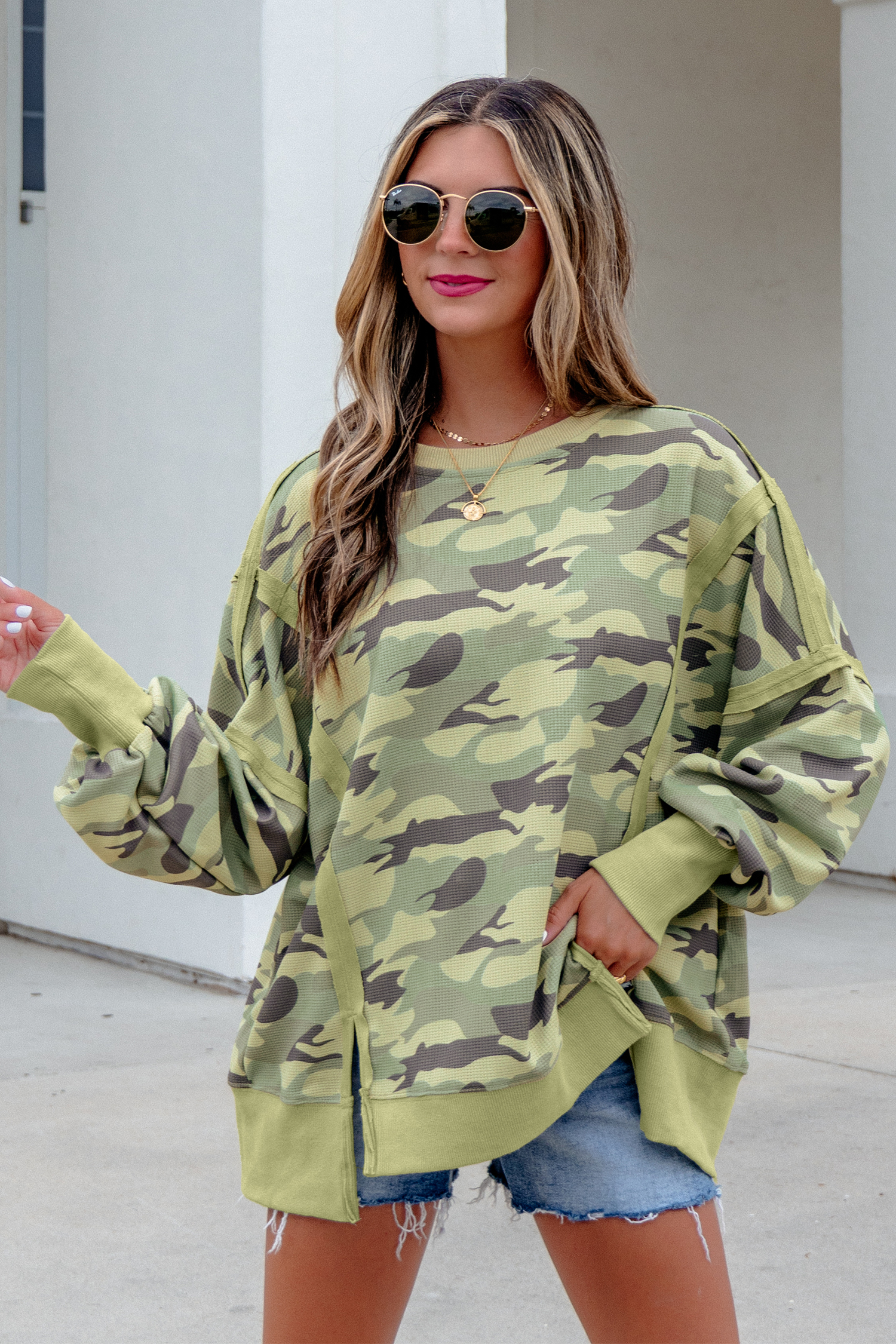 Women's Cozy Waffle Knit Top, Camo Print Long Sleeve Daily - Detail View 3