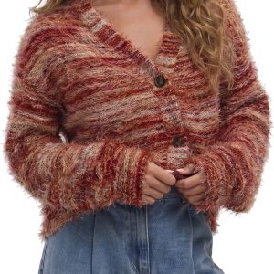 Women's Tawny Fuzzy Striped Cardigan, Casual Button Sweater - Main View