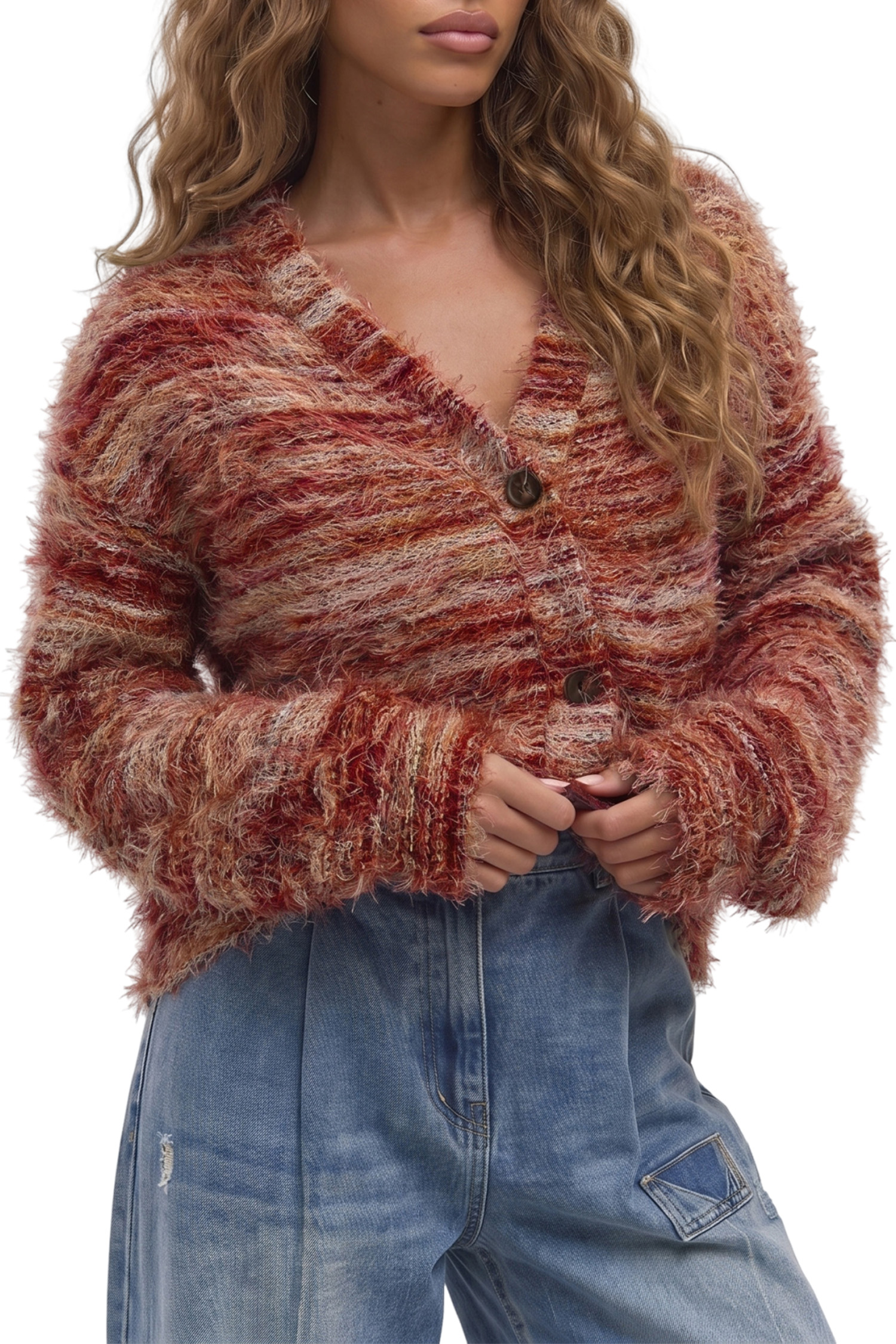 Women's Tawny Fuzzy Striped Cardigan, Casual Button Sweater - Main View