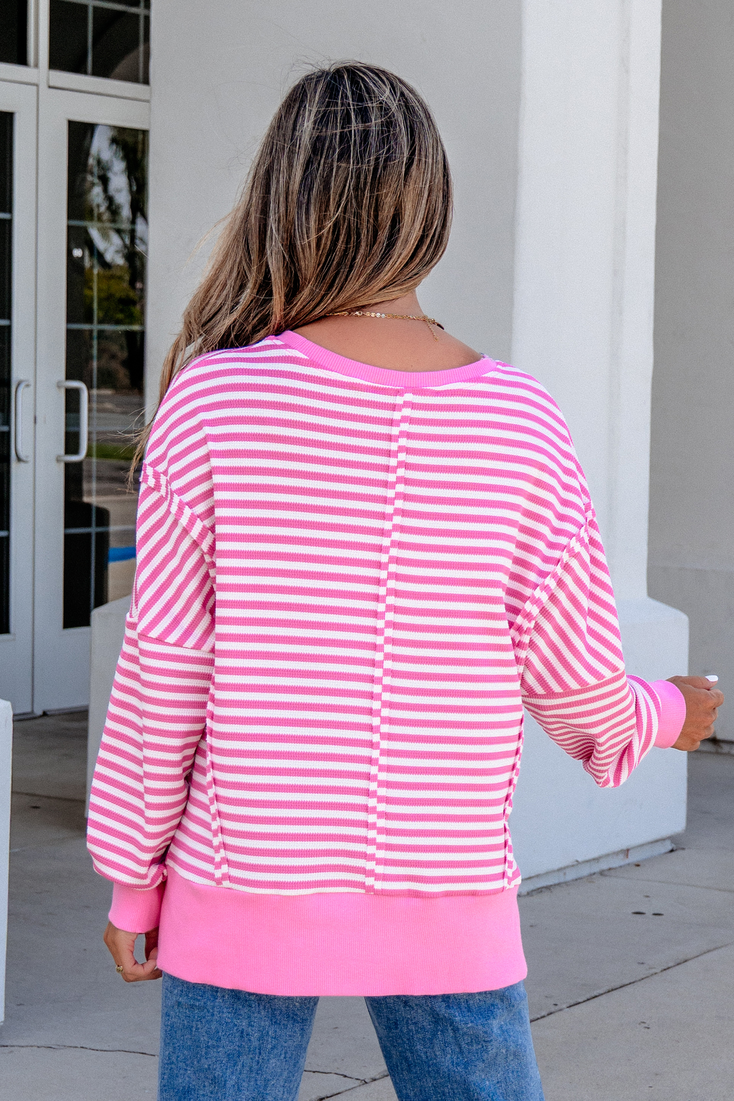Pink Striped Textured Sweater, Relaxed Crew Neck Fall Top - Detail View 2